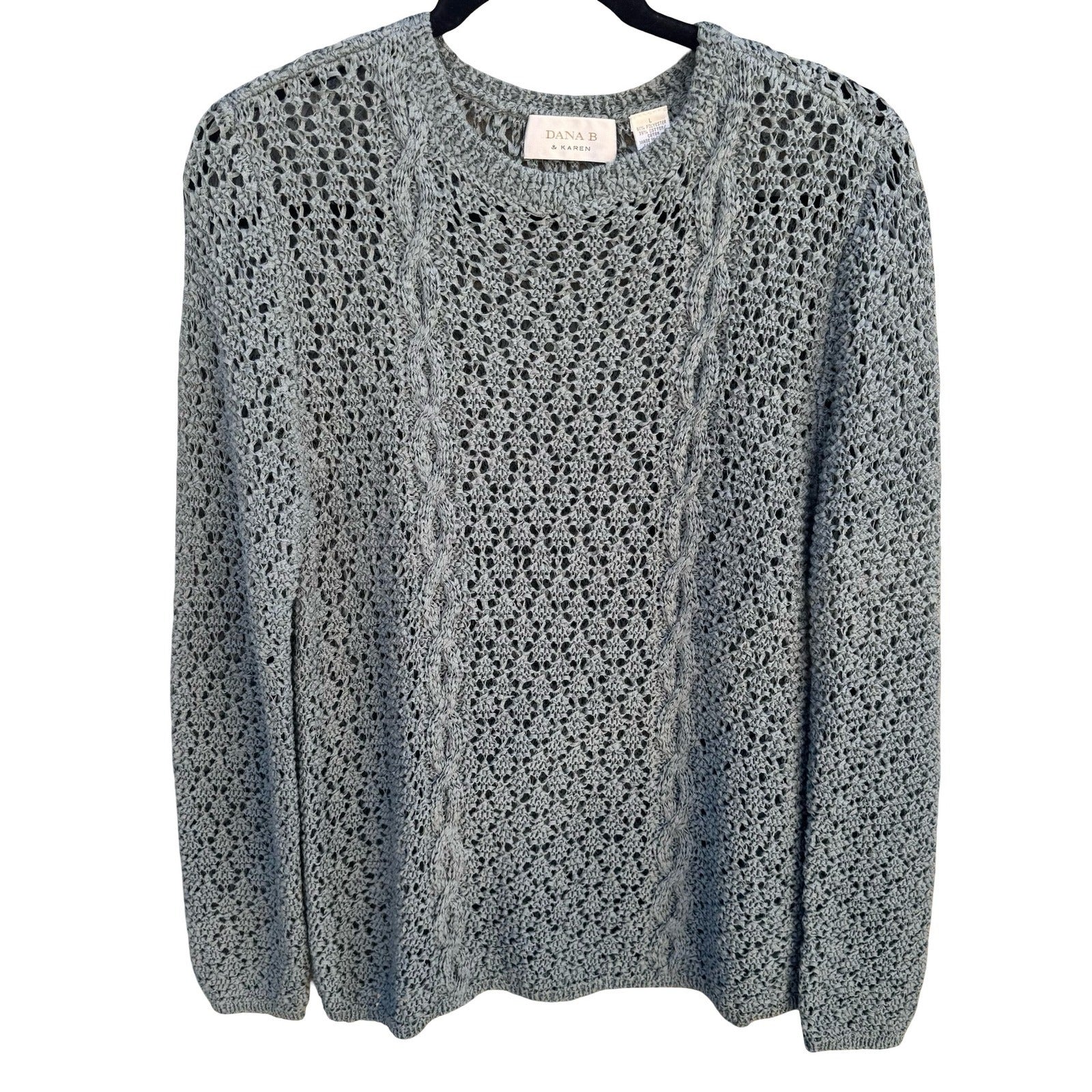 Dana B & Karen Womens Open Knit Cable Sweater Blue Crochet Cotton Blend Large