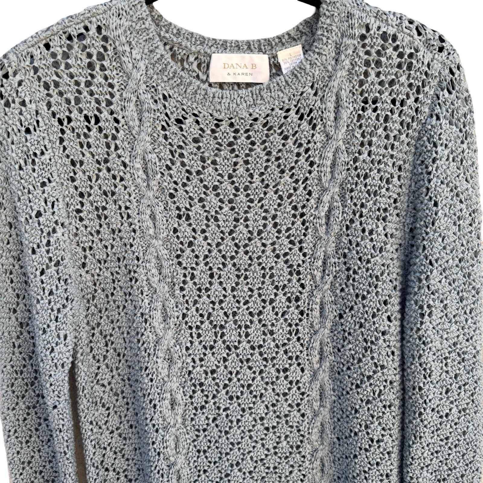 Dana B & Karen Womens Open Knit Cable Sweater Blue Crochet Cotton Blend Large