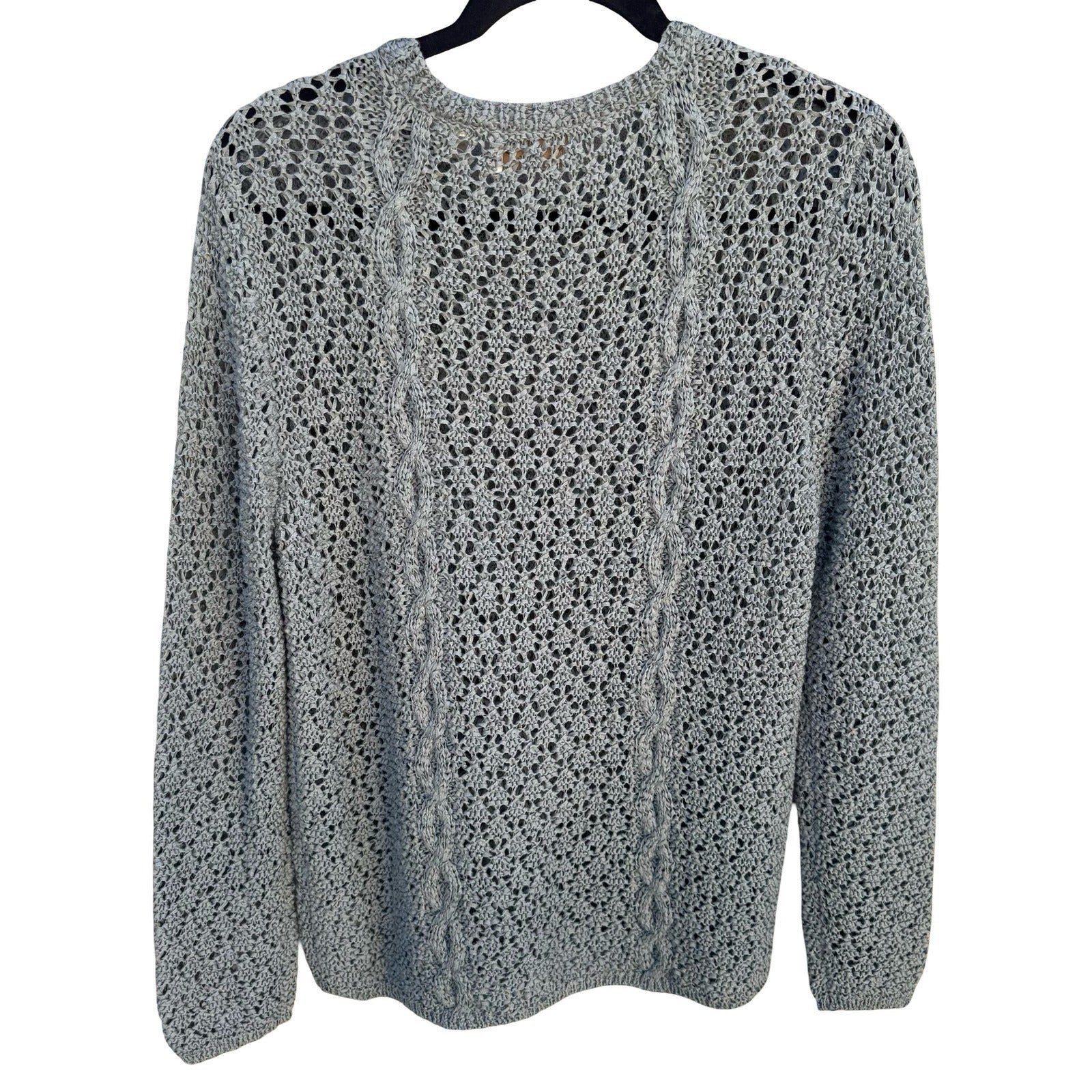 Dana B & Karen Womens Open Knit Cable Sweater Blue Crochet Cotton Blend Large