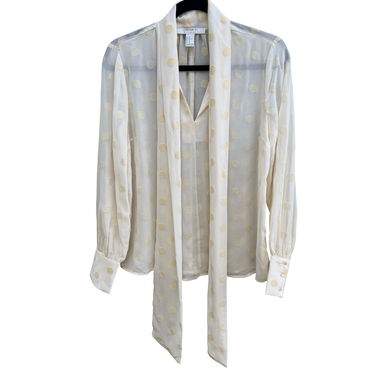 Forever 21 Contemporary Coquette Sheer Tie Neck Polka Dot Chiffon Blouse Cream M