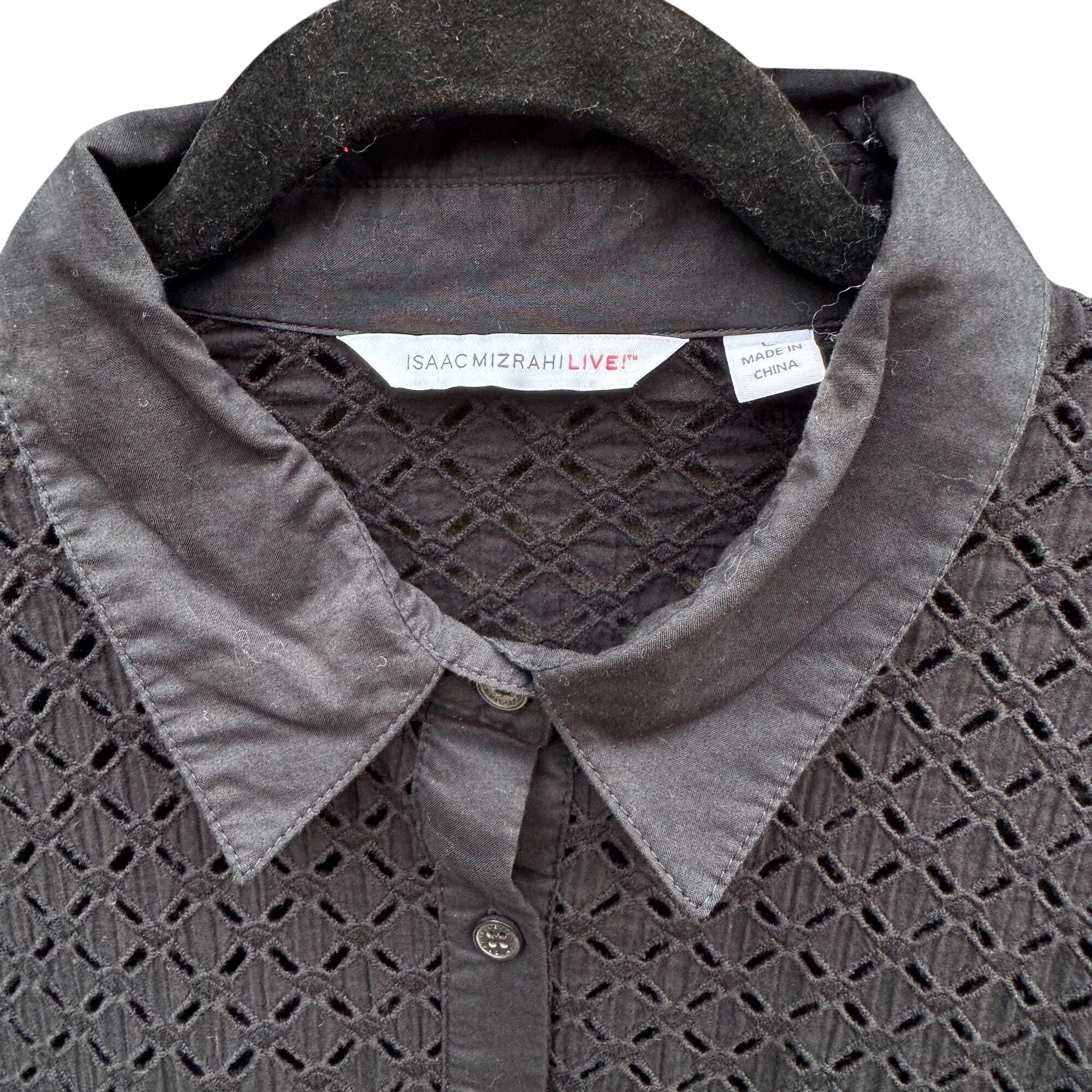 Isaac Mizrahi Black Eyelet Embroidered Sheer Boho Button-Up Long Sleeve Shirt L