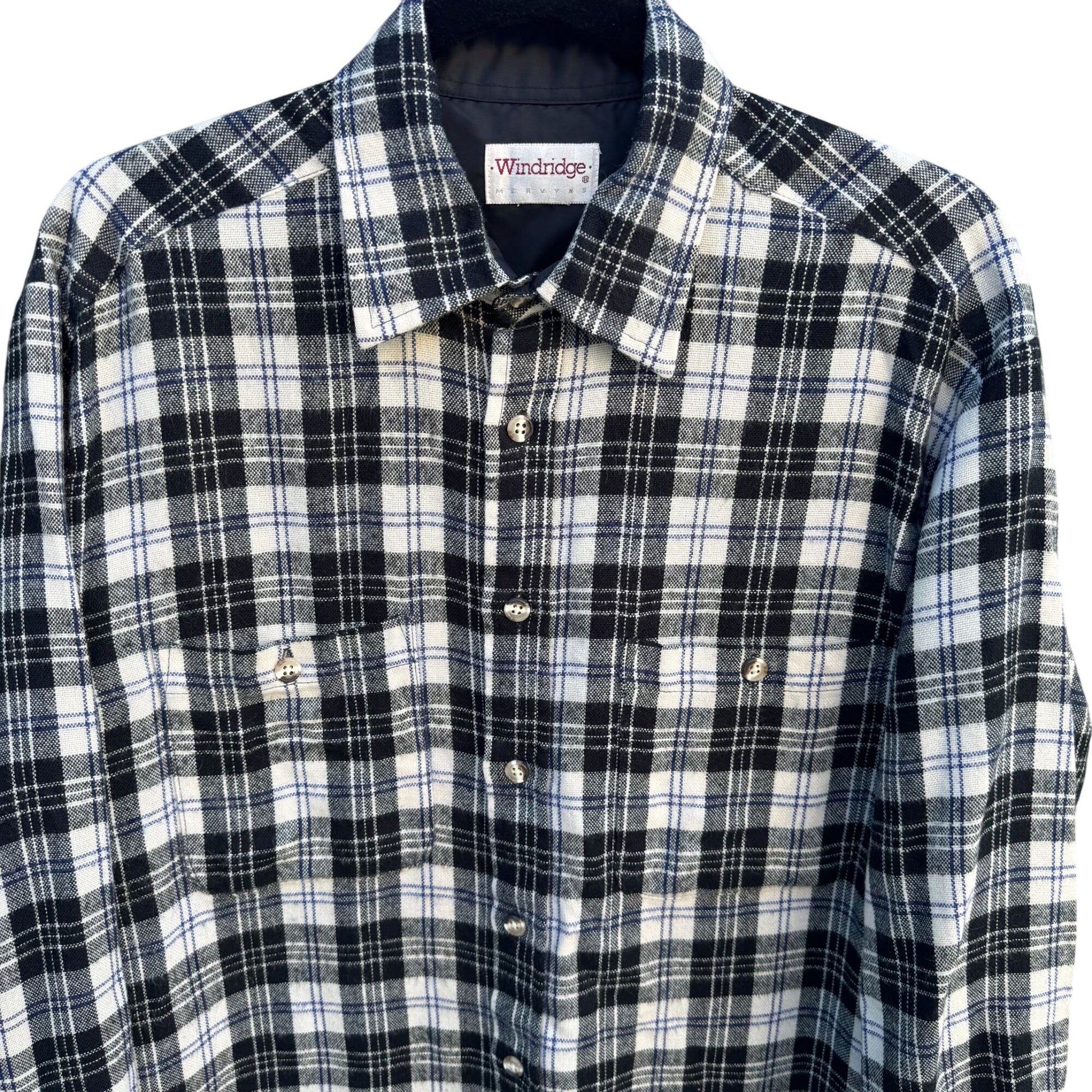 Windridge Mervyns Vintage Plaid Grunge Retro Mens Black White Flannel Shirt M