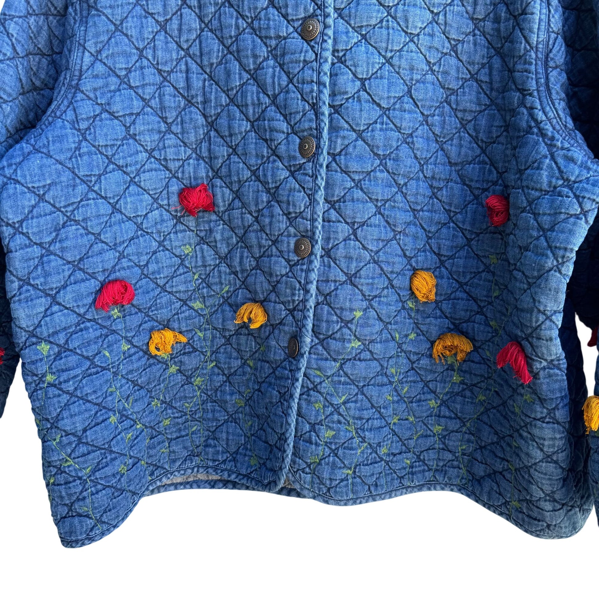 Maggie Barnes Petites Vintage Womens Floral Embroidery Quilted Denim Jacket 26WP