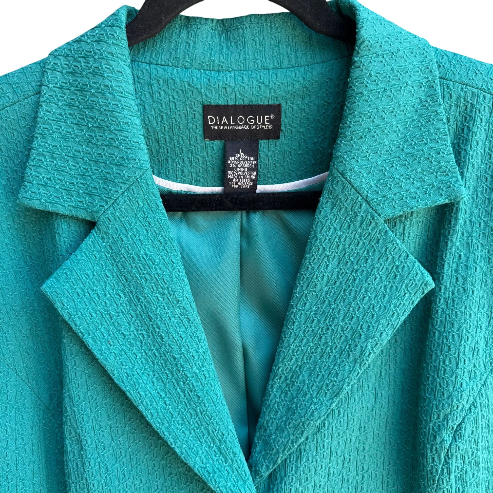 Dialogue Womens Teal Textured Stretch Adjustable Belt Button-Up Blazer Jacket L