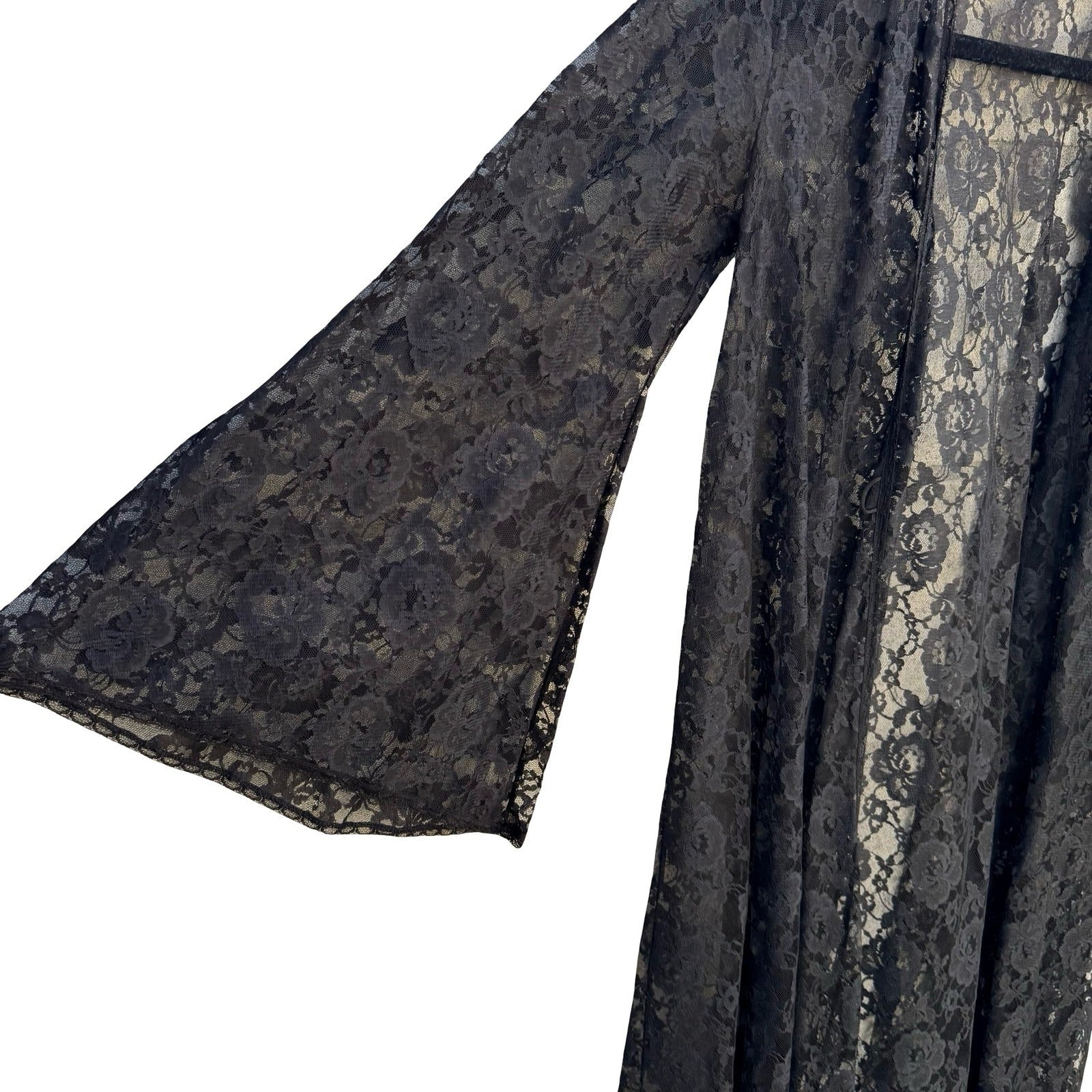 Glydons Hollywood Vintage Black Lace Maxi Duster Robe Bell Sleeve Witchy Goth Sm