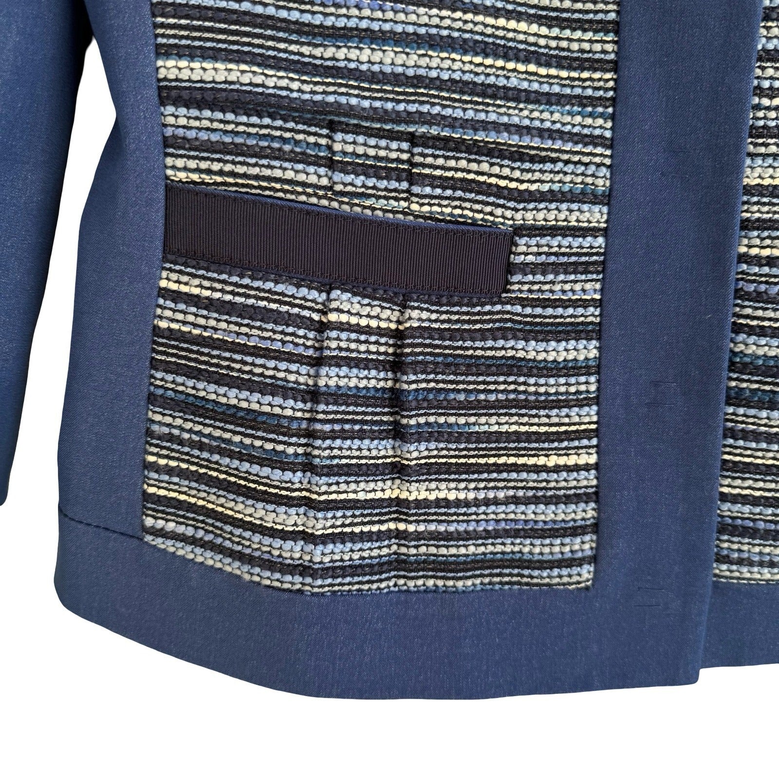 T Tahari Woven Textured Structured Tailored Blazer Mandarin Collar Jacket Blue 2