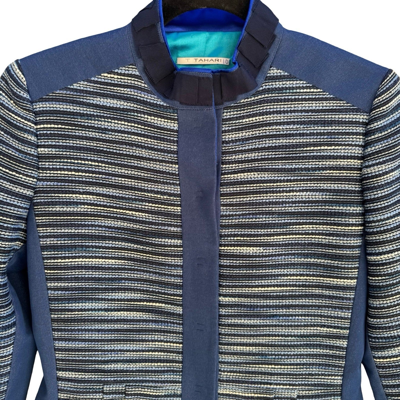 T Tahari Woven Textured Structured Tailored Blazer Mandarin Collar Jacket Blue 2