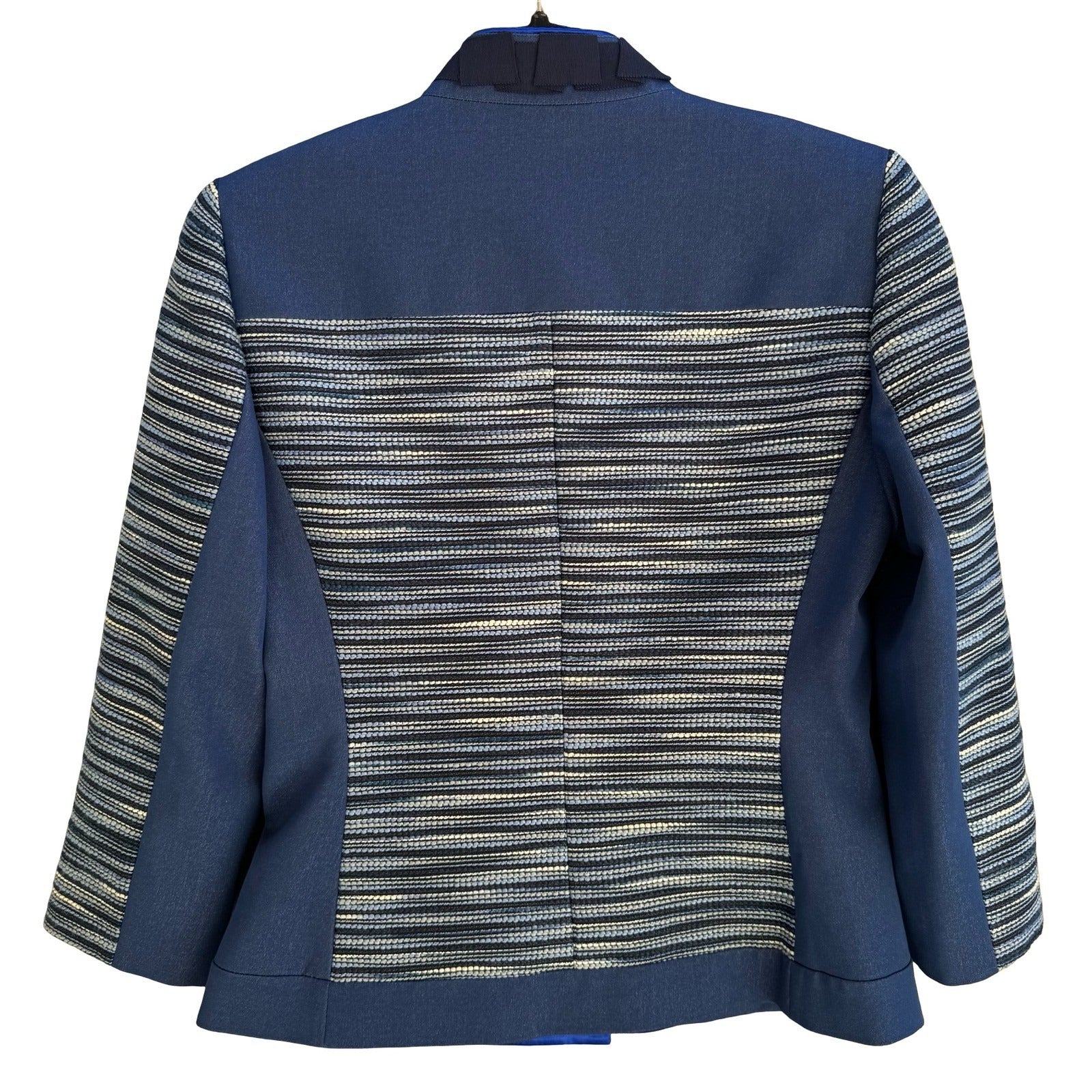 T Tahari Woven Textured Structured Tailored Blazer Mandarin Collar Jacket Blue 2
