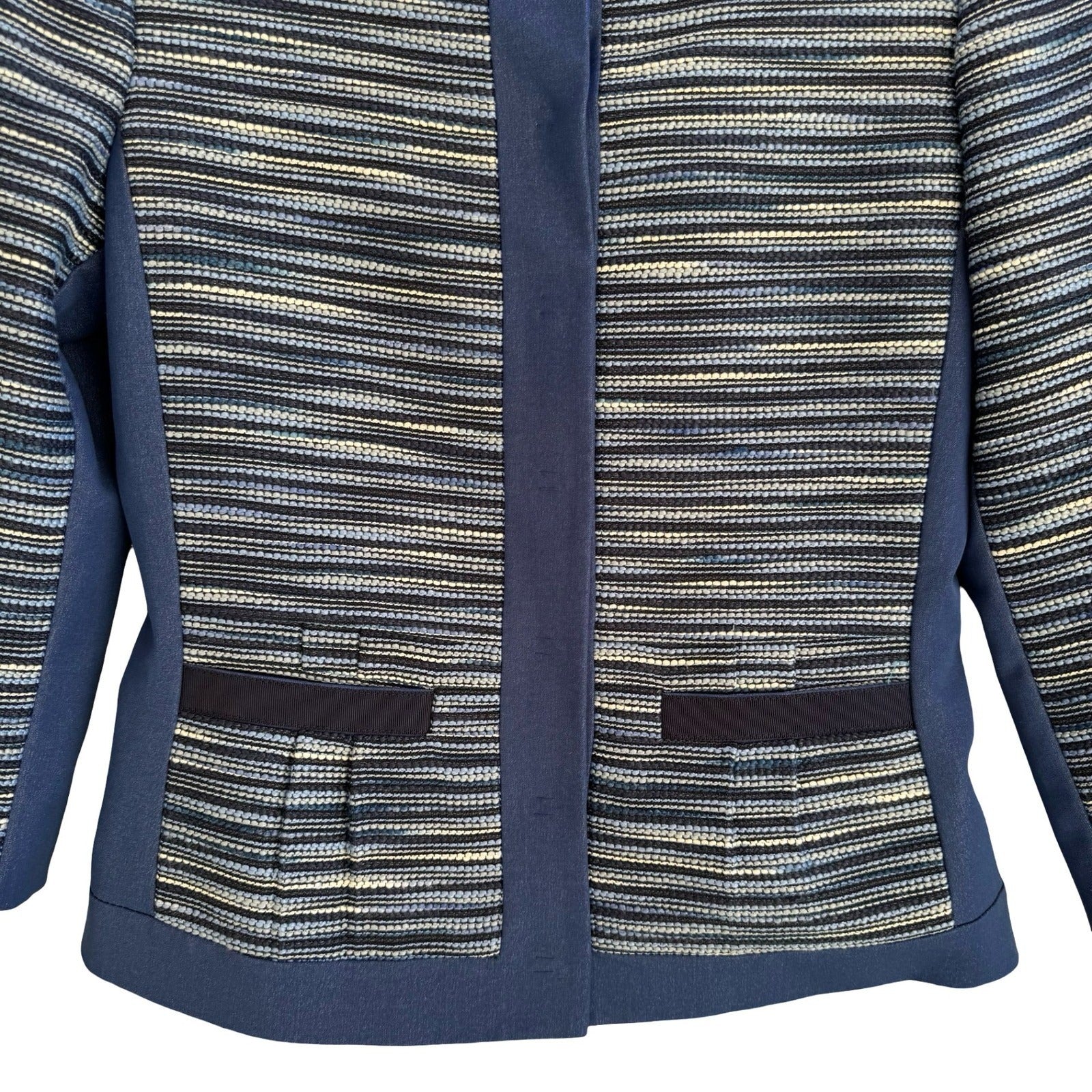 T Tahari Woven Textured Structured Tailored Blazer Mandarin Collar Jacket Blue 2