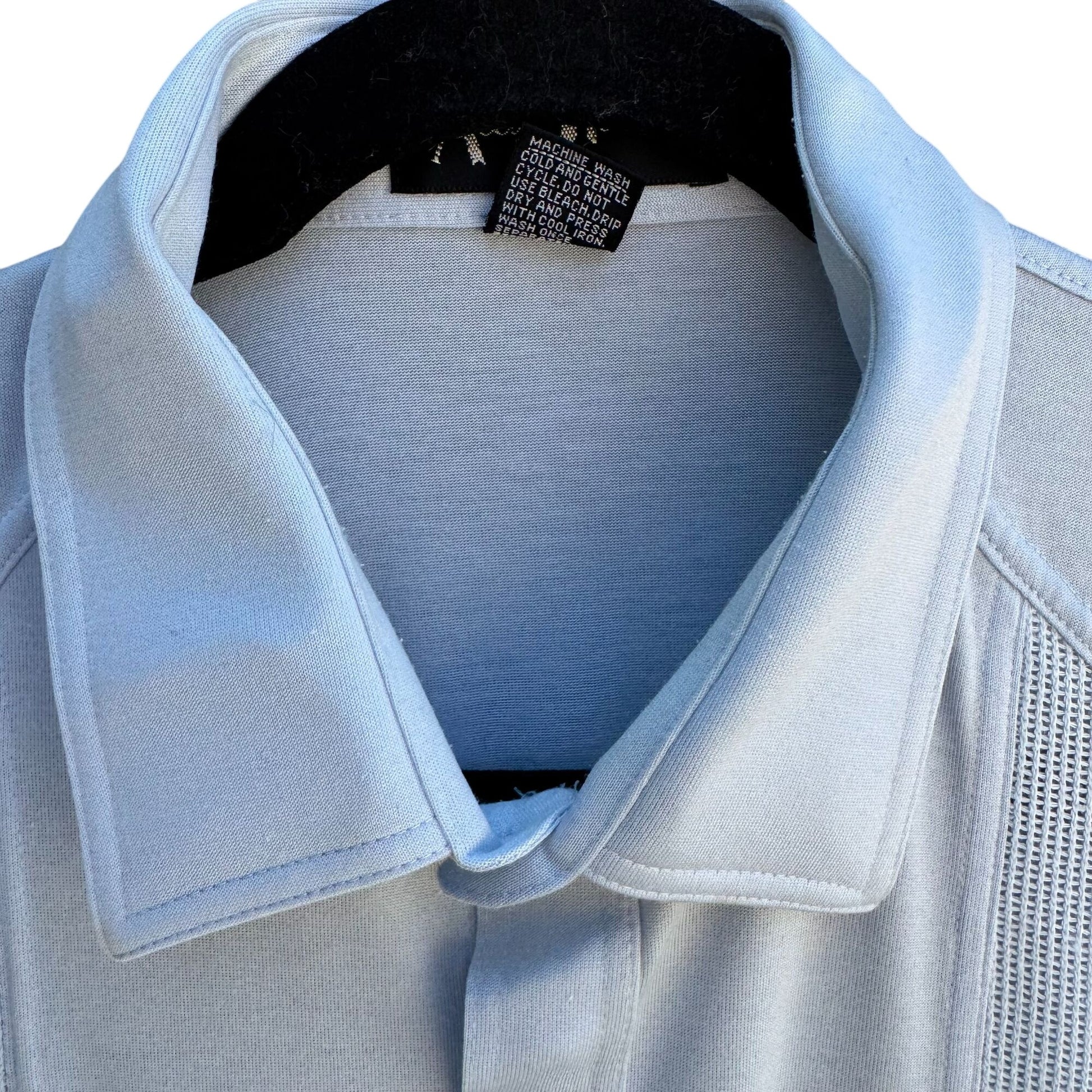 Alan Stuart Vintage 70s Mens Blue Guayabera Woven Panels Short Sleeve Shirt L