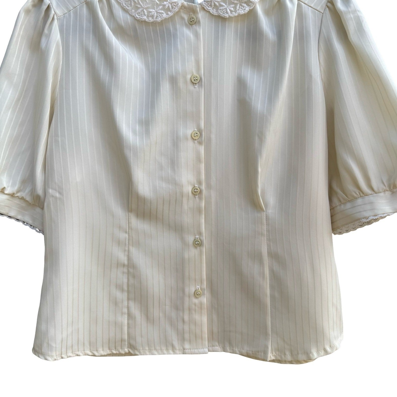 You Babes Vintage Cream Lace Peter Pan Collar Satin Stripe Puff Sleeve Blouse L