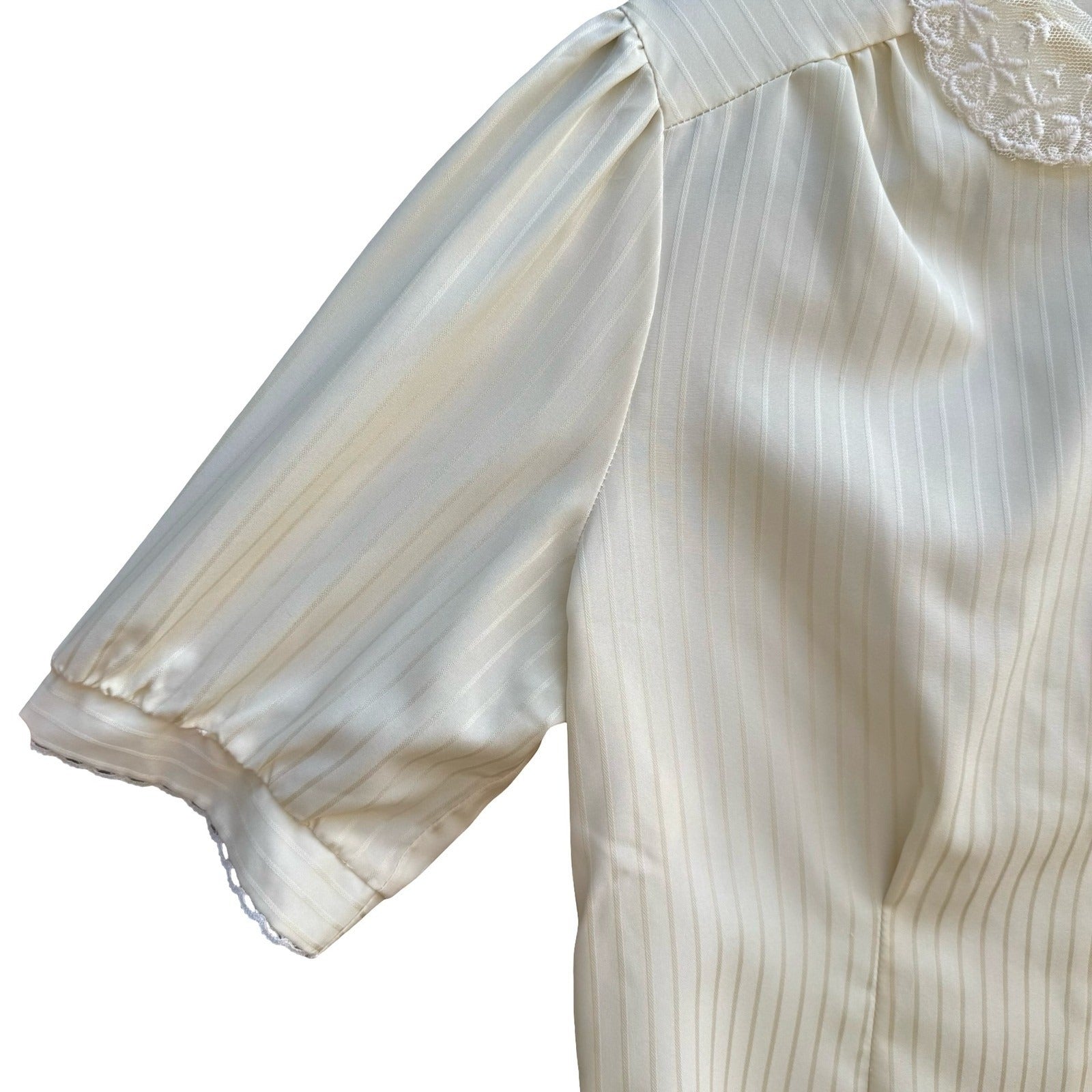 You Babes Vintage Cream Lace Peter Pan Collar Satin Stripe Puff Sleeve Blouse L