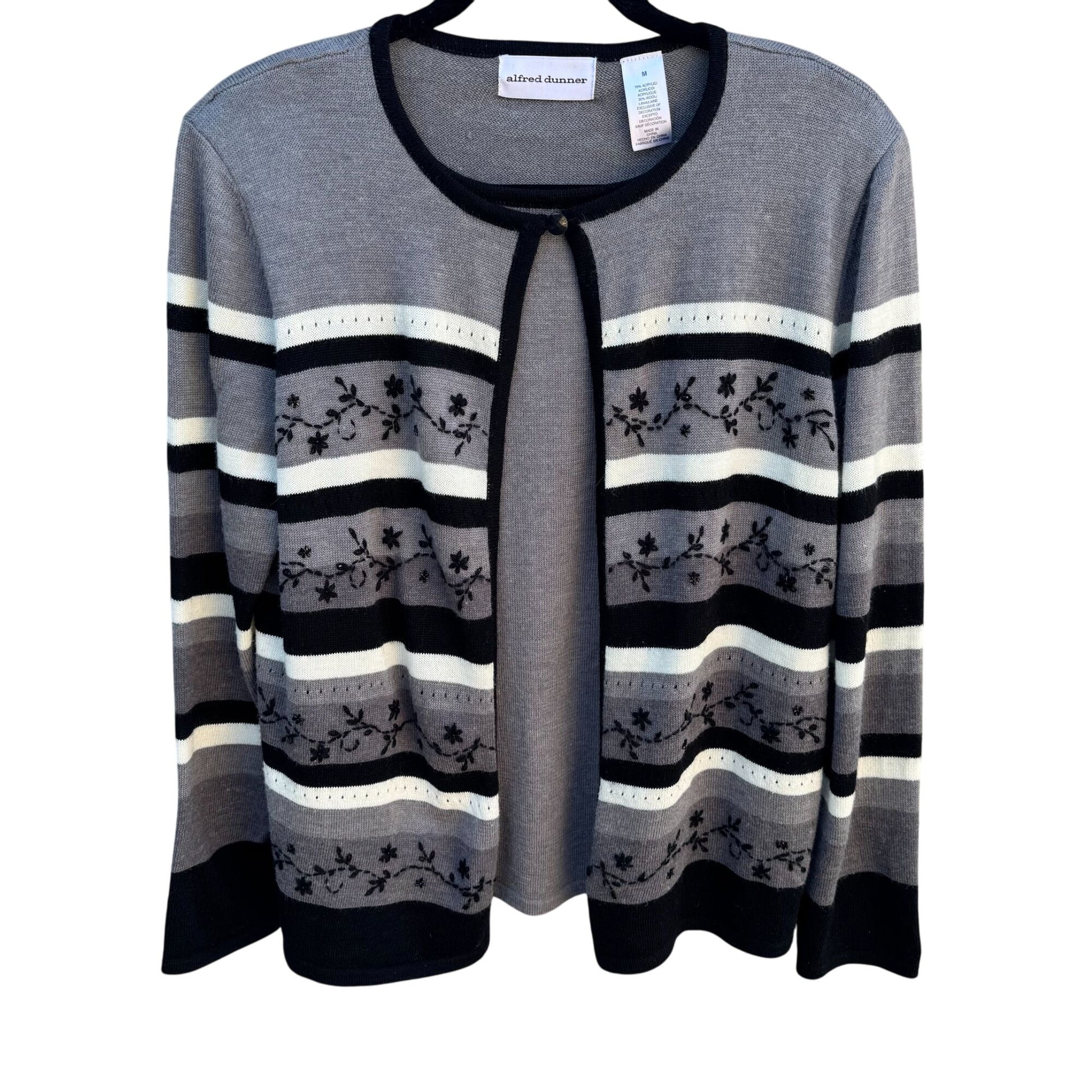 Alfred Dunner Vintage Womens Gray Cardigan Sweater Floral Embroidery Beaded M
