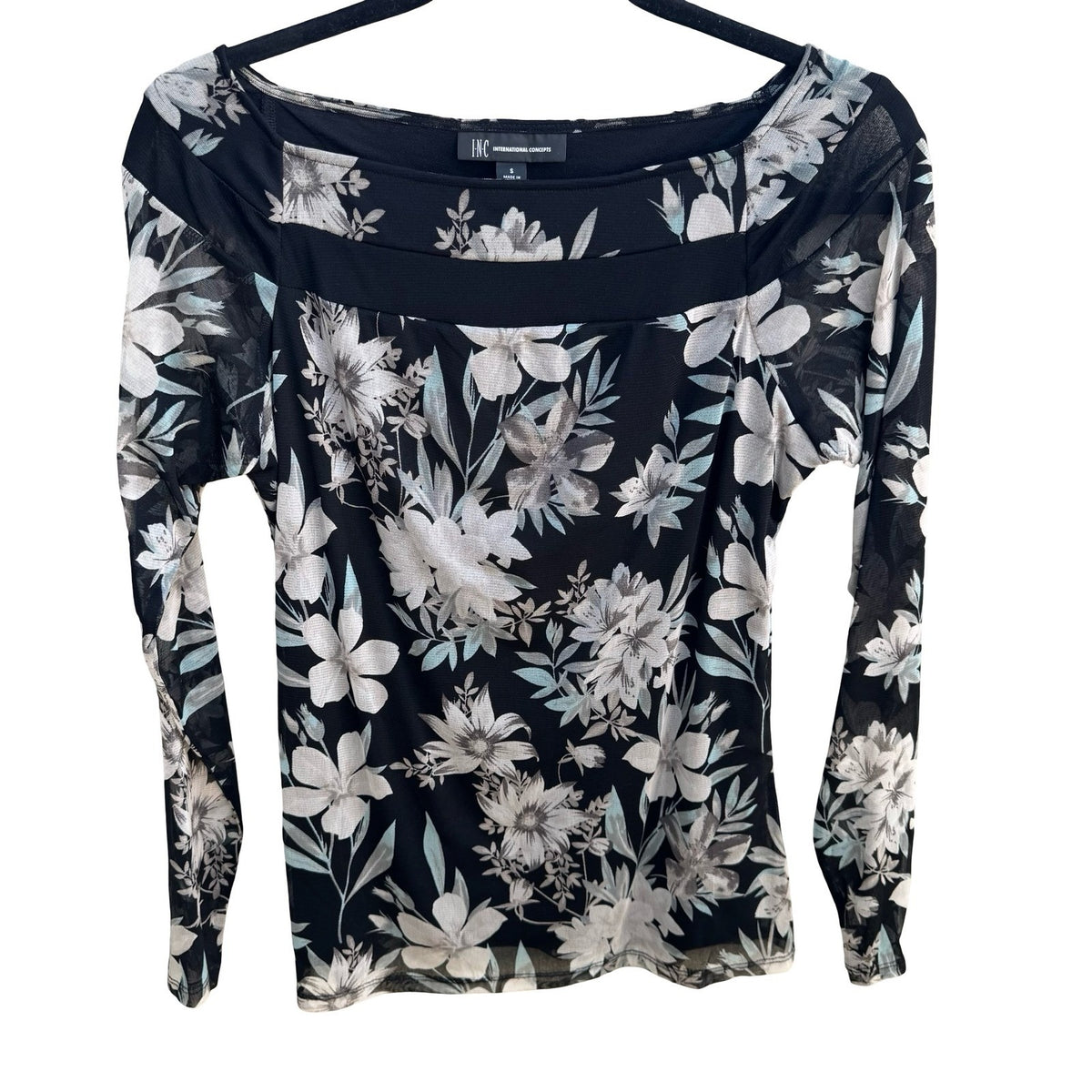 INC International Concepts Y2K Whimsigoth Fairy Floral Mesh Boat Neck Blouse S