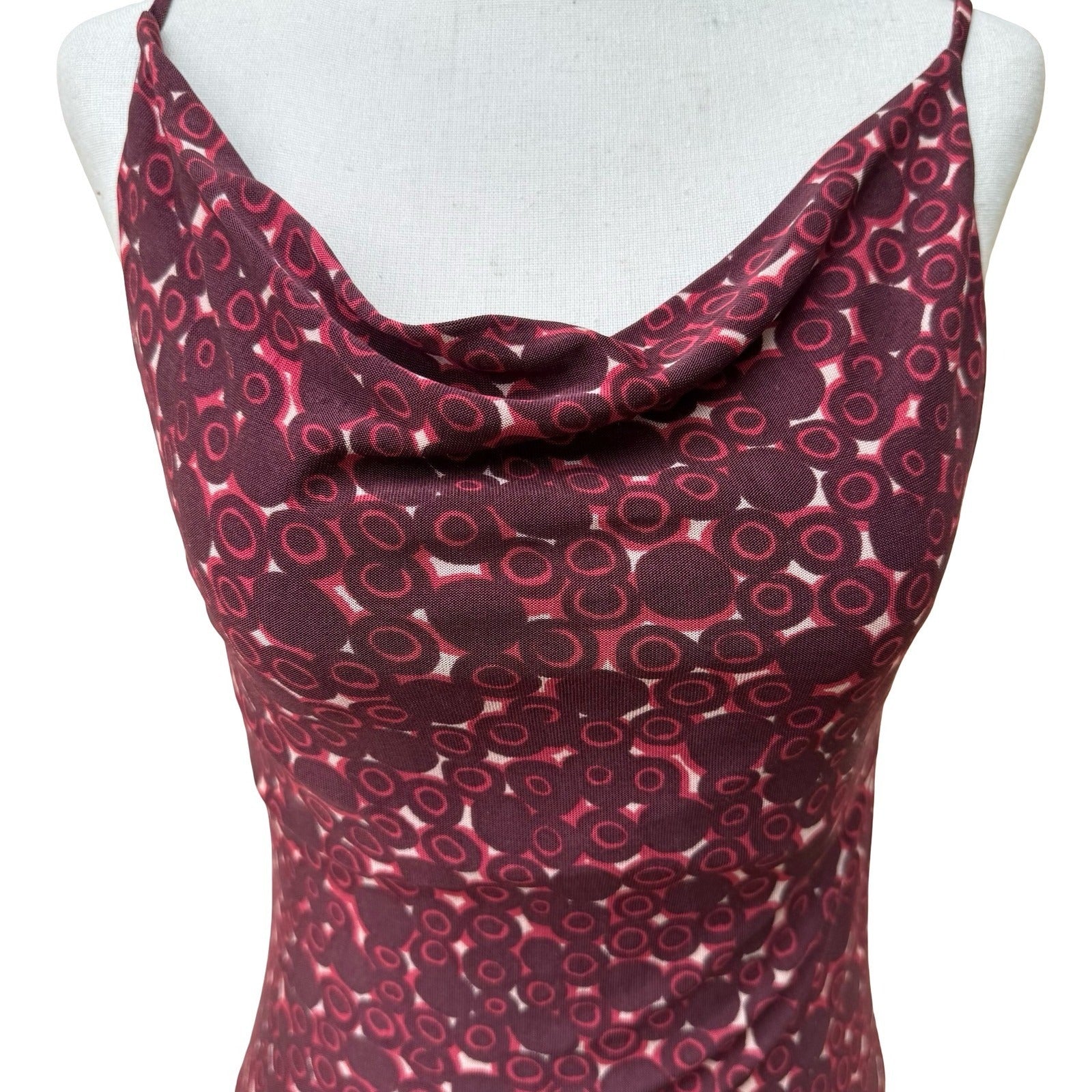 Lance Karesh Y2K 90s Burgundy Chic Circle Print Cowl Neck Open Back Camisole Top