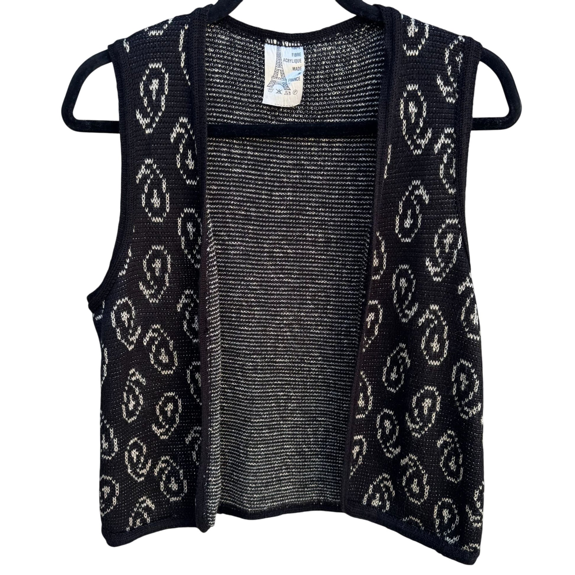 Vintage Womens Black Open Front Knit Abstract Metallic Print Made In France Vest