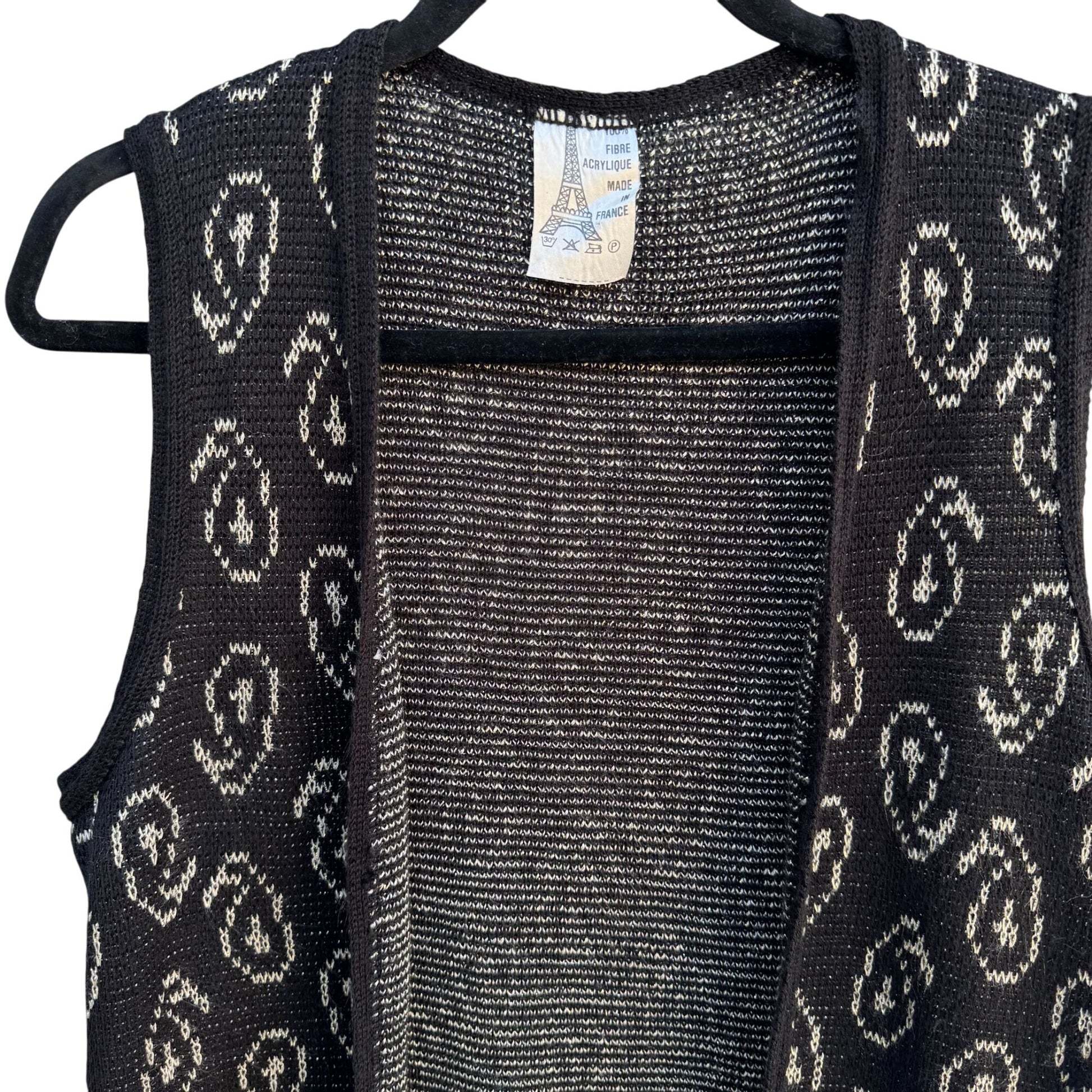 Vintage Womens Black Open Front Knit Abstract Metallic Print Made In France Vest