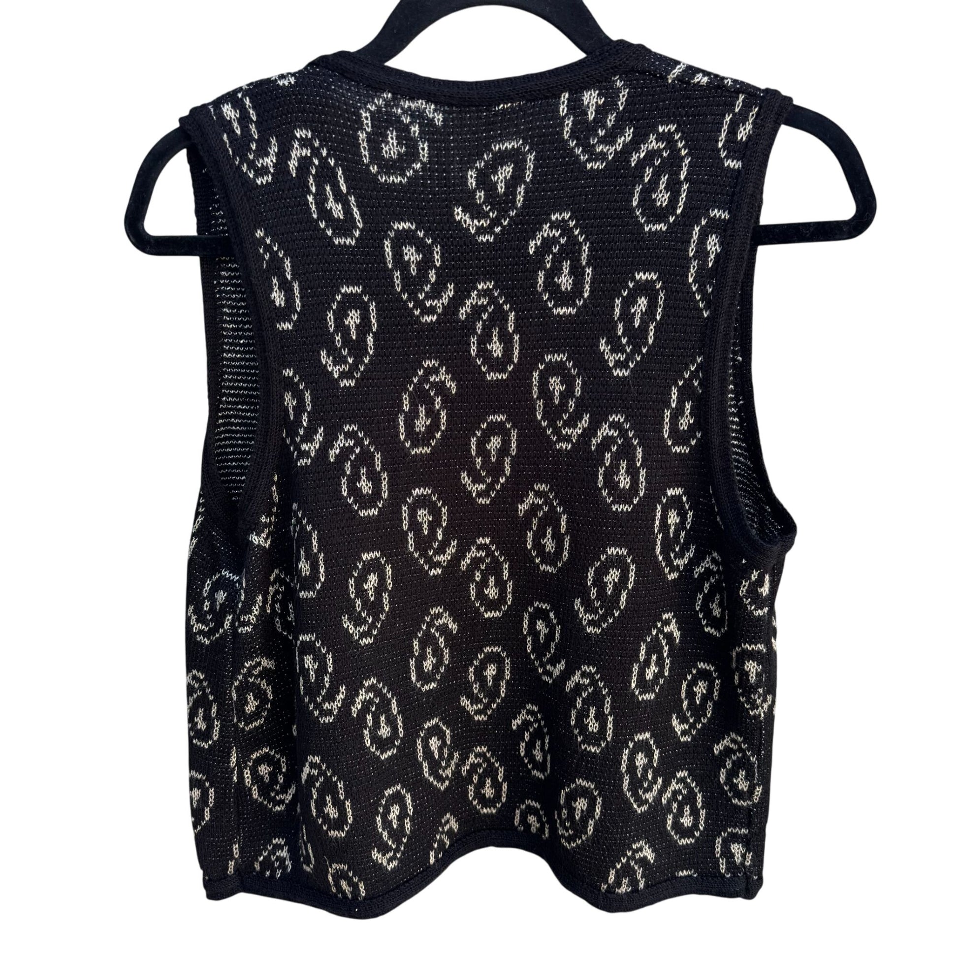 Vintage Womens Black Open Front Knit Abstract Metallic Print Made In France Vest