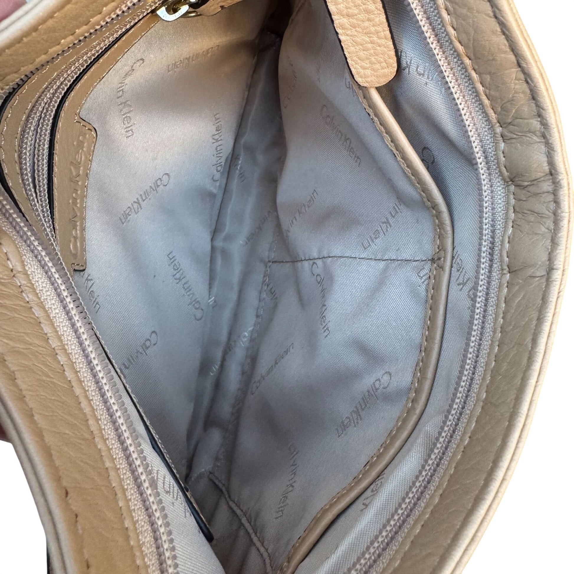 Calvin Klein Quilted Tan Leather Shoulder Bag Gold Hardware Handbag Purse Preppy