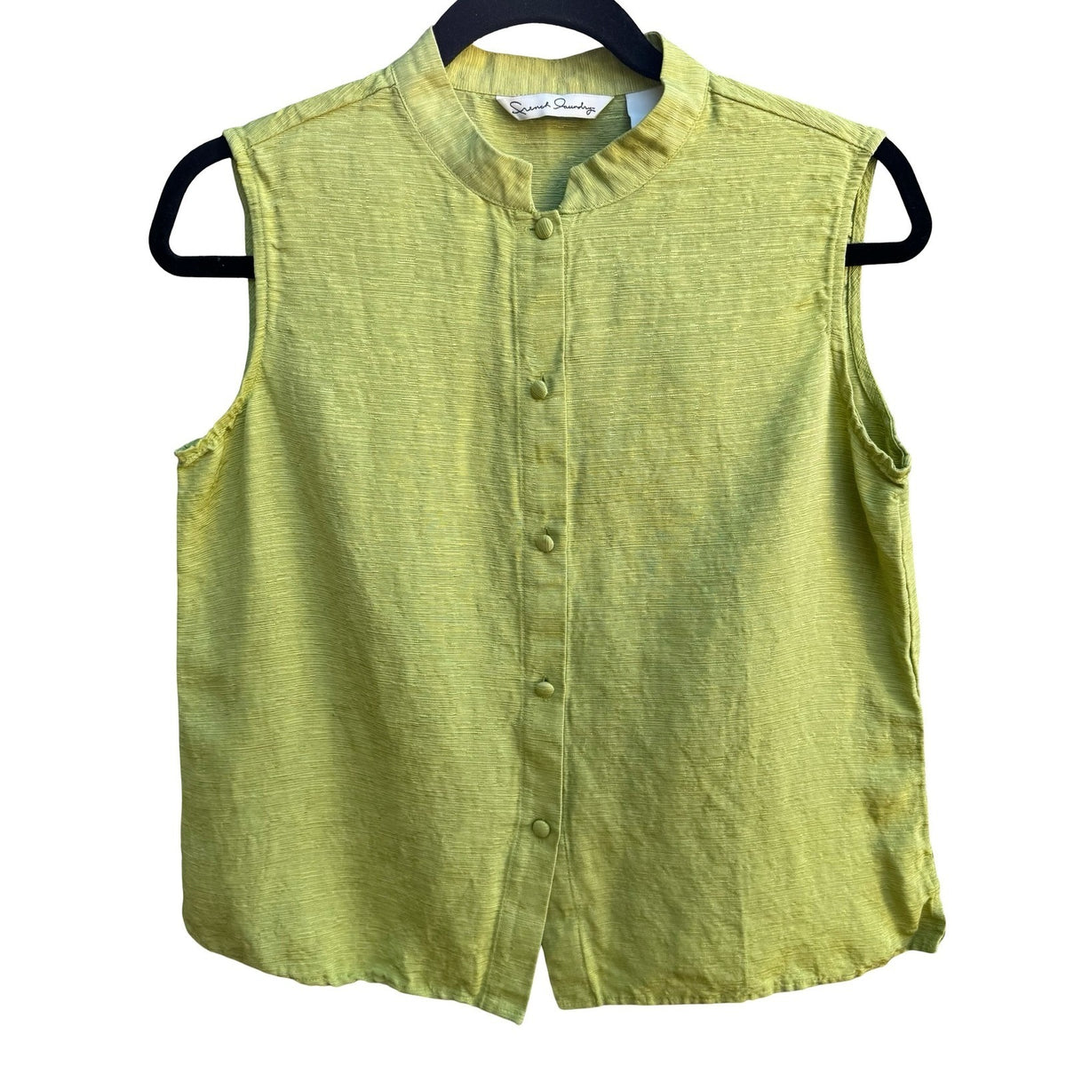 French Laundry Lime Green Silk Linen Sleeveless Mandarin Band Collar Blouse S