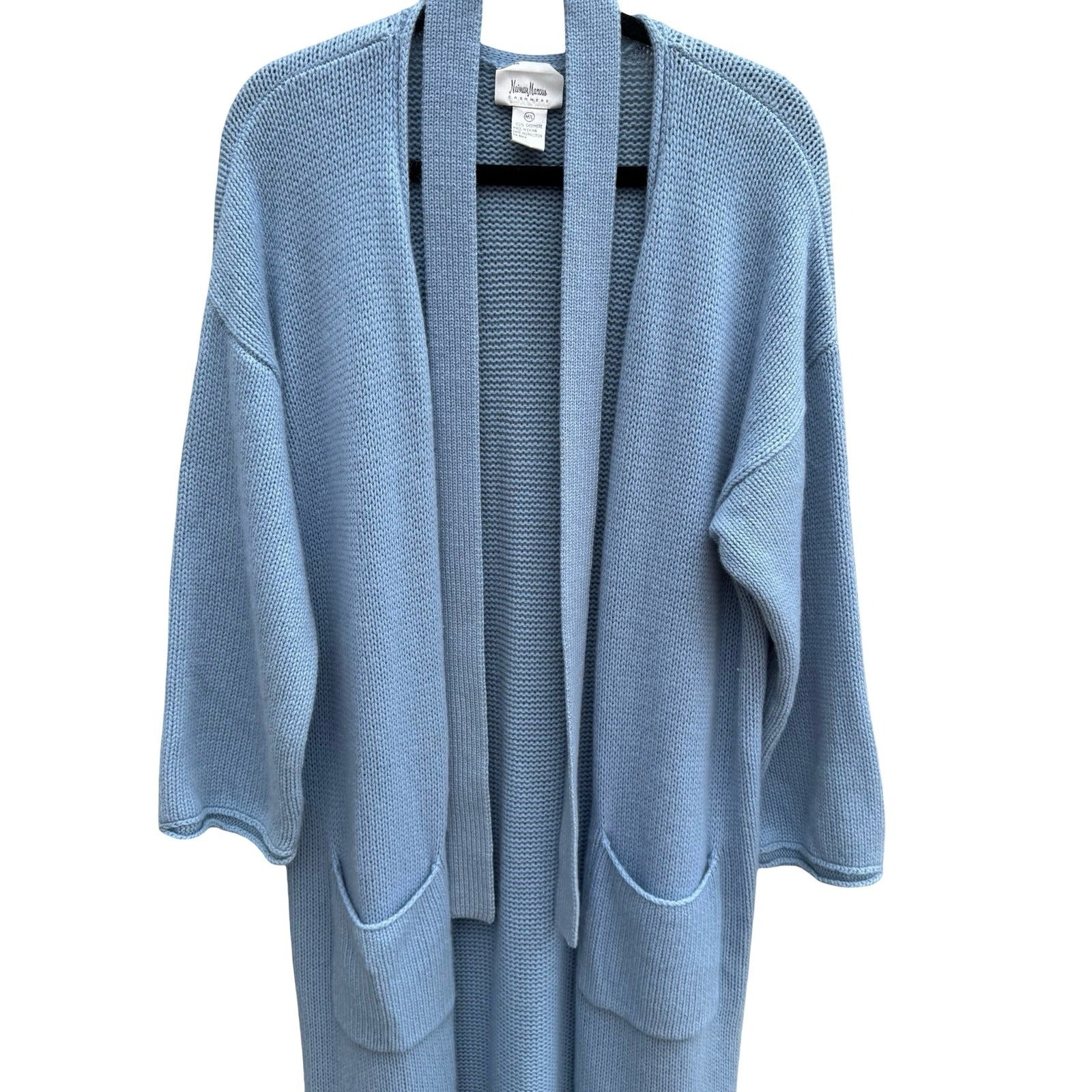 Neiman Marcus Cashmere Duster Cardigan Pastel Blue Longline Open Front Sweater L