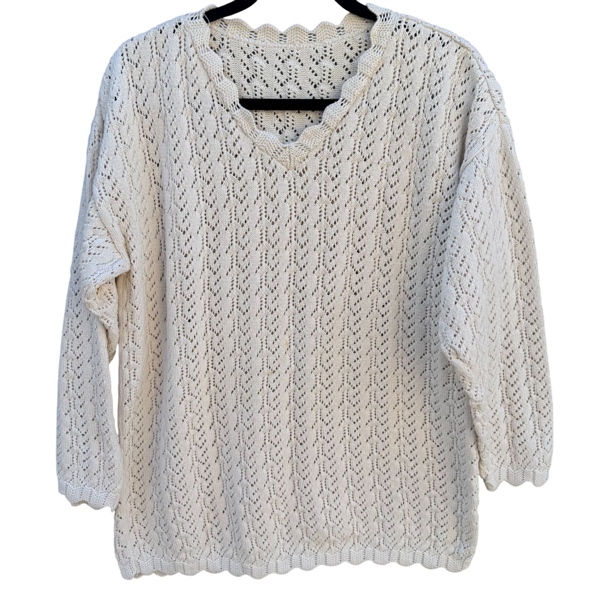 Vintage 80s Womens Cream Scalloped V-Neck Crochet Pointelle Knit Sweater Cottage