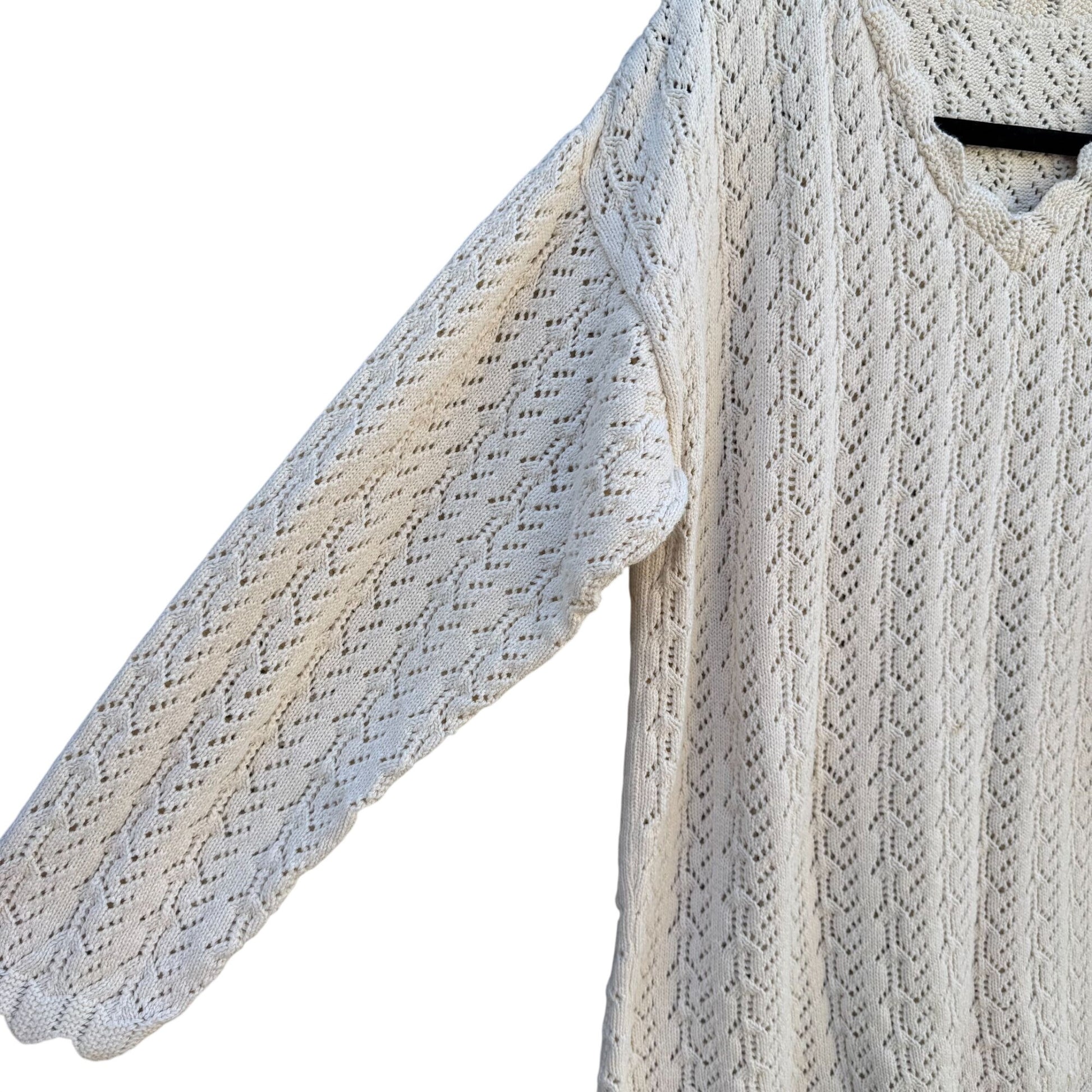 Vintage 80s Womens Cream Scalloped V-Neck Crochet Pointelle Knit Sweater Cottage