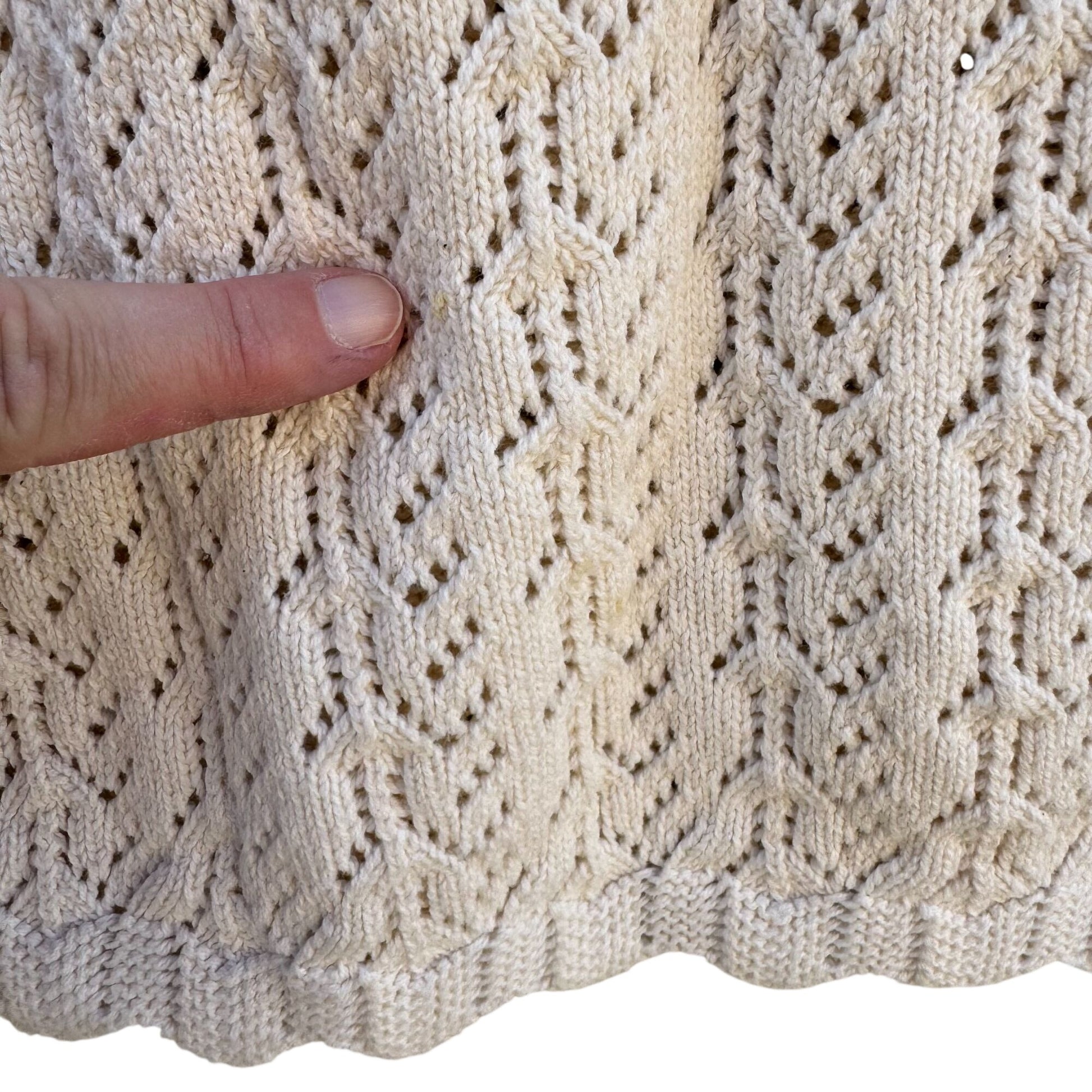 Vintage 80s Womens Cream Scalloped V-Neck Crochet Pointelle Knit Sweater Cottage