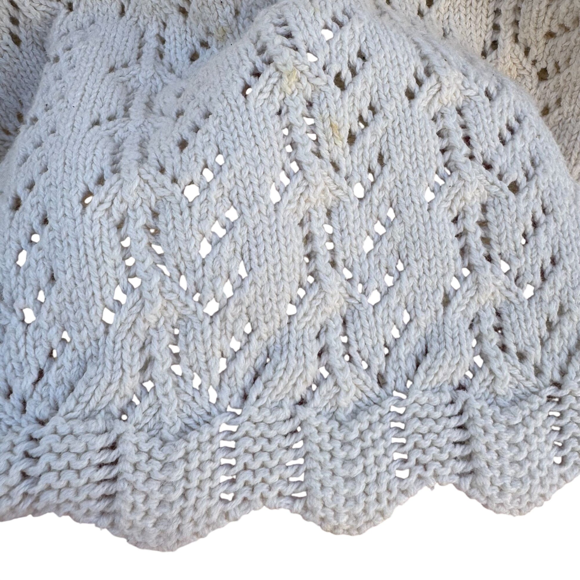 Vintage 80s Womens Cream Scalloped V-Neck Crochet Pointelle Knit Sweater Cottage