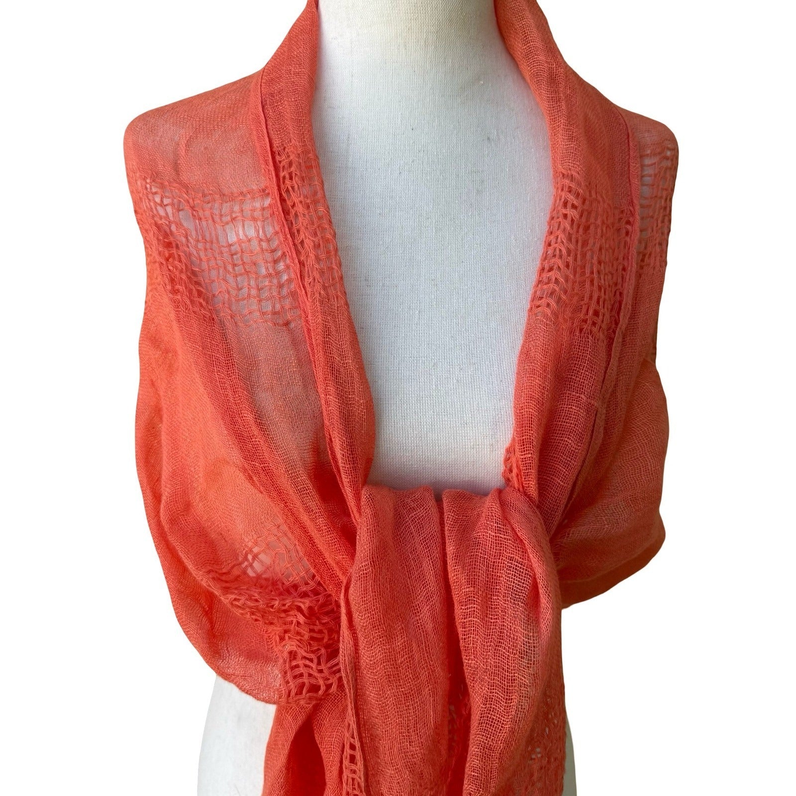 Coastal Boho Coral Orange 100% Linen Gauze Open Weave Ladder Stitch Fringe Scarf