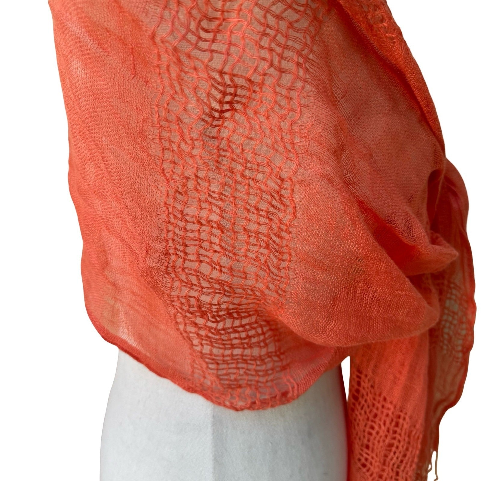 Coastal Boho Coral Orange 100% Linen Gauze Open Weave Ladder Stitch Fringe Scarf