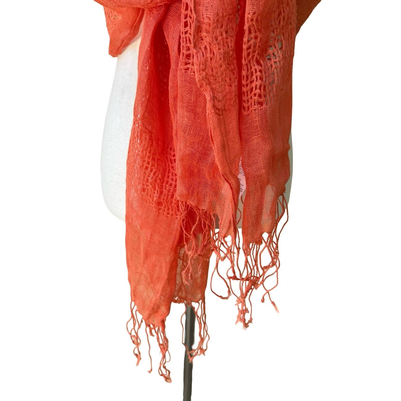 Coastal Boho Coral Orange 100% Linen Gauze Open Weave Ladder Stitch Fringe Scarf