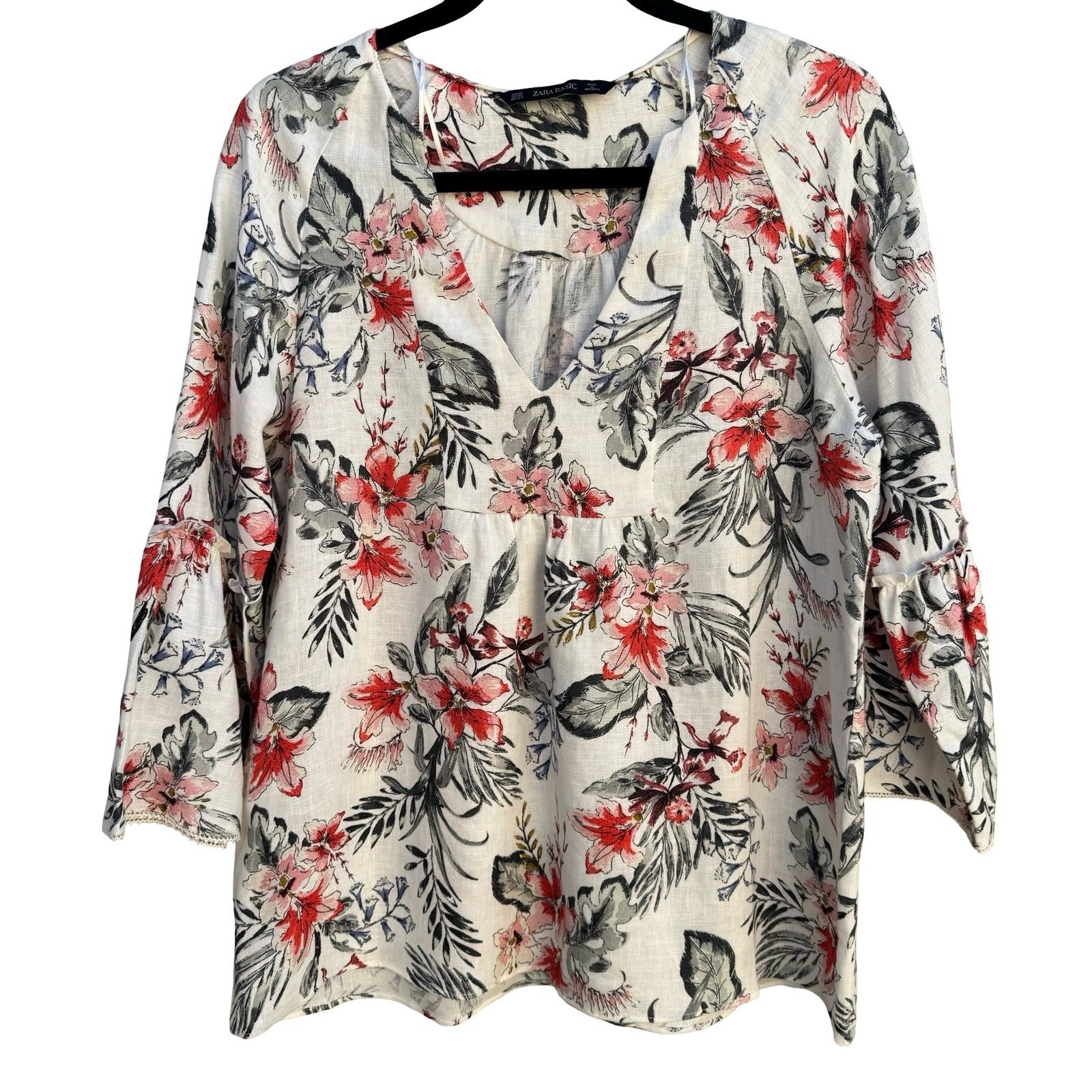 Zara Womens XS Floral Linen Blend V-Neck Bell Sleeve Peasant Tunic Blouse White