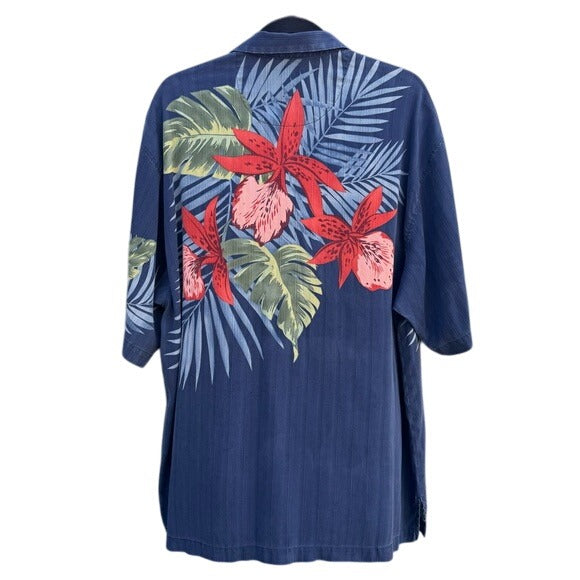Tommy Bahama Silk Mens Hawaiian Button-Up Shirt Blue Red Floral Athleisure L