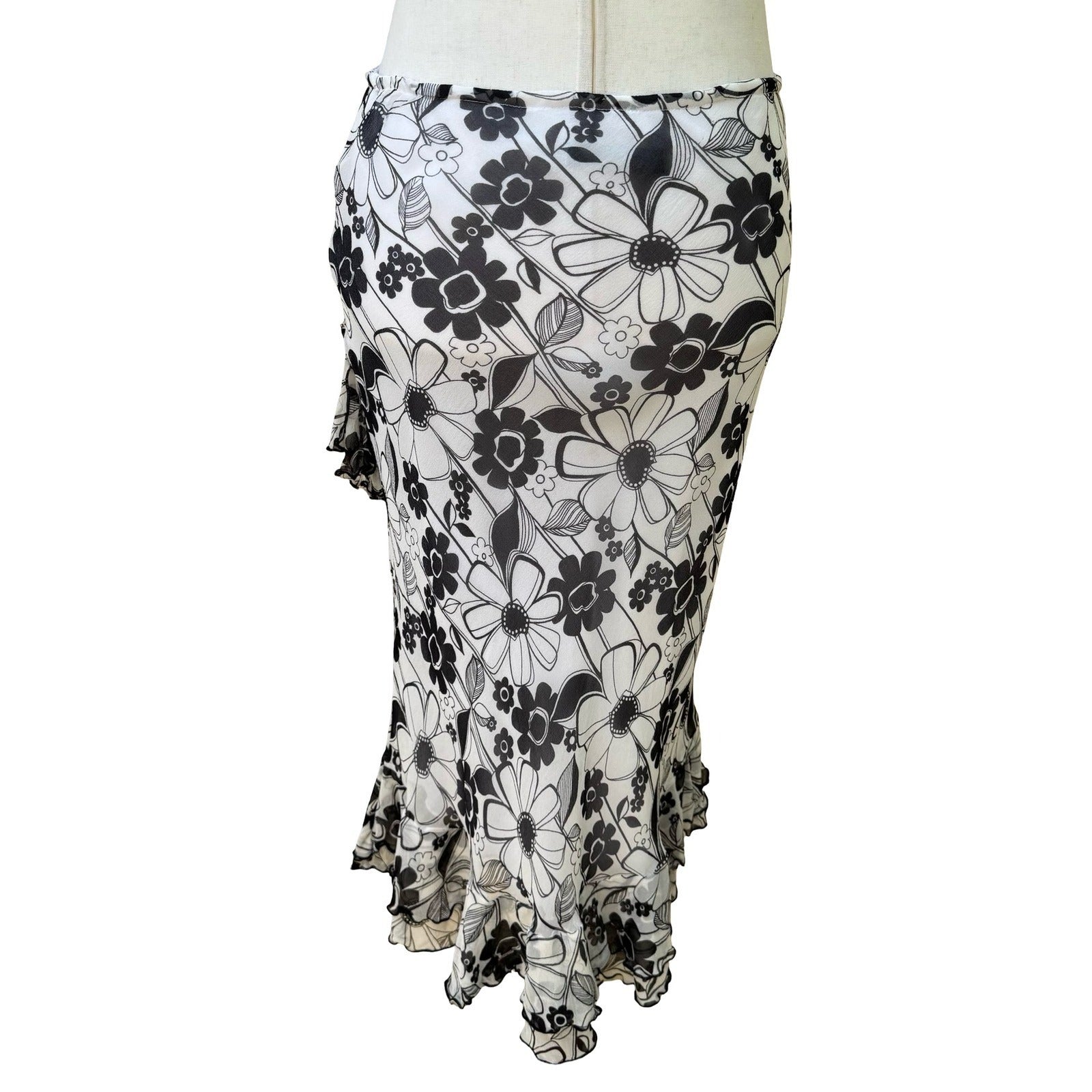 Derek Green Y2K Whimsigoth Fairycore Floral Mesh Asymmetric Ruffle Midi Skirt M