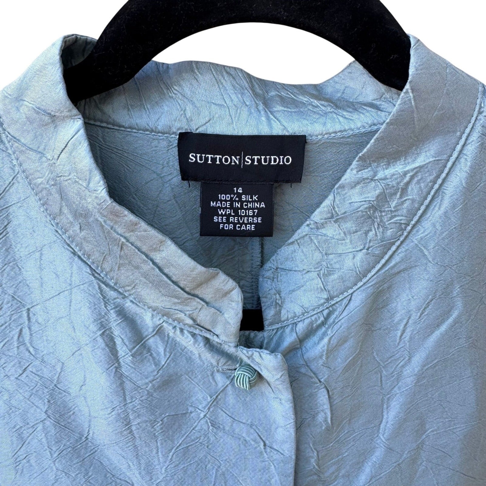 Sutton Studio Womens 14 Blue 100% Silk Mandarin Collar Crinkle Tunic Jacket