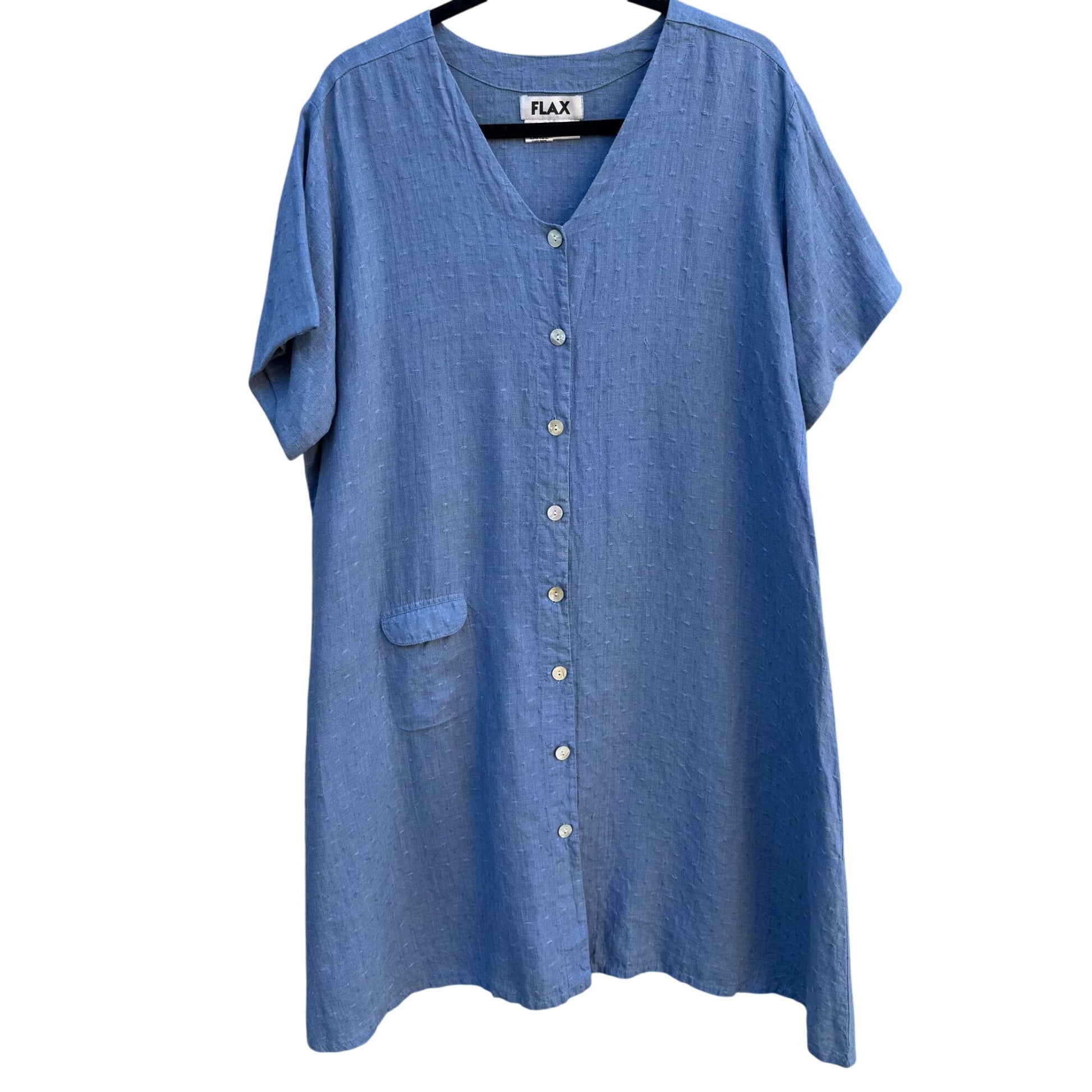 Flax Womens Lagenlook Boho Blue Linen V Neck Pearlized Button Tunic Midi Dress L