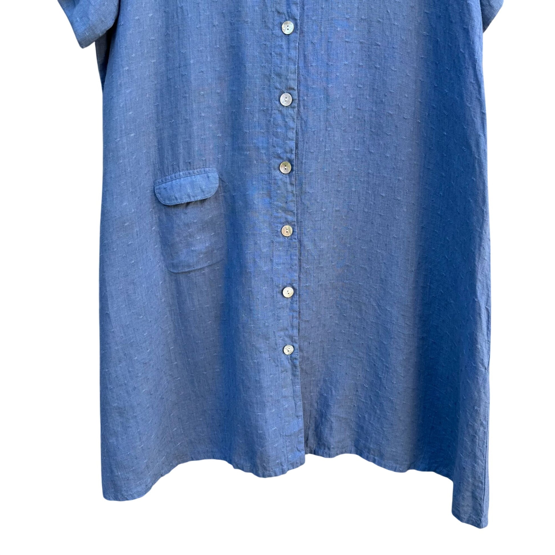 Flax Womens Lagenlook Boho Blue Linen V Neck Pearlized Button Tunic Midi Dress L