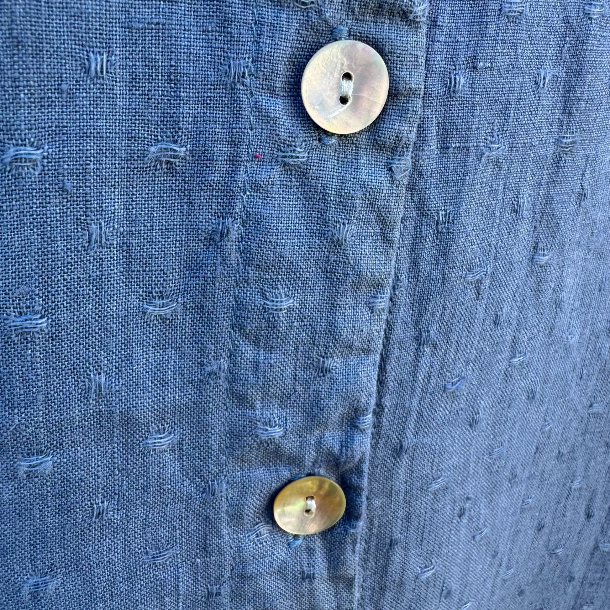 Flax Womens Lagenlook Boho Blue Linen V Neck Pearlized Button Tunic Midi Dress L