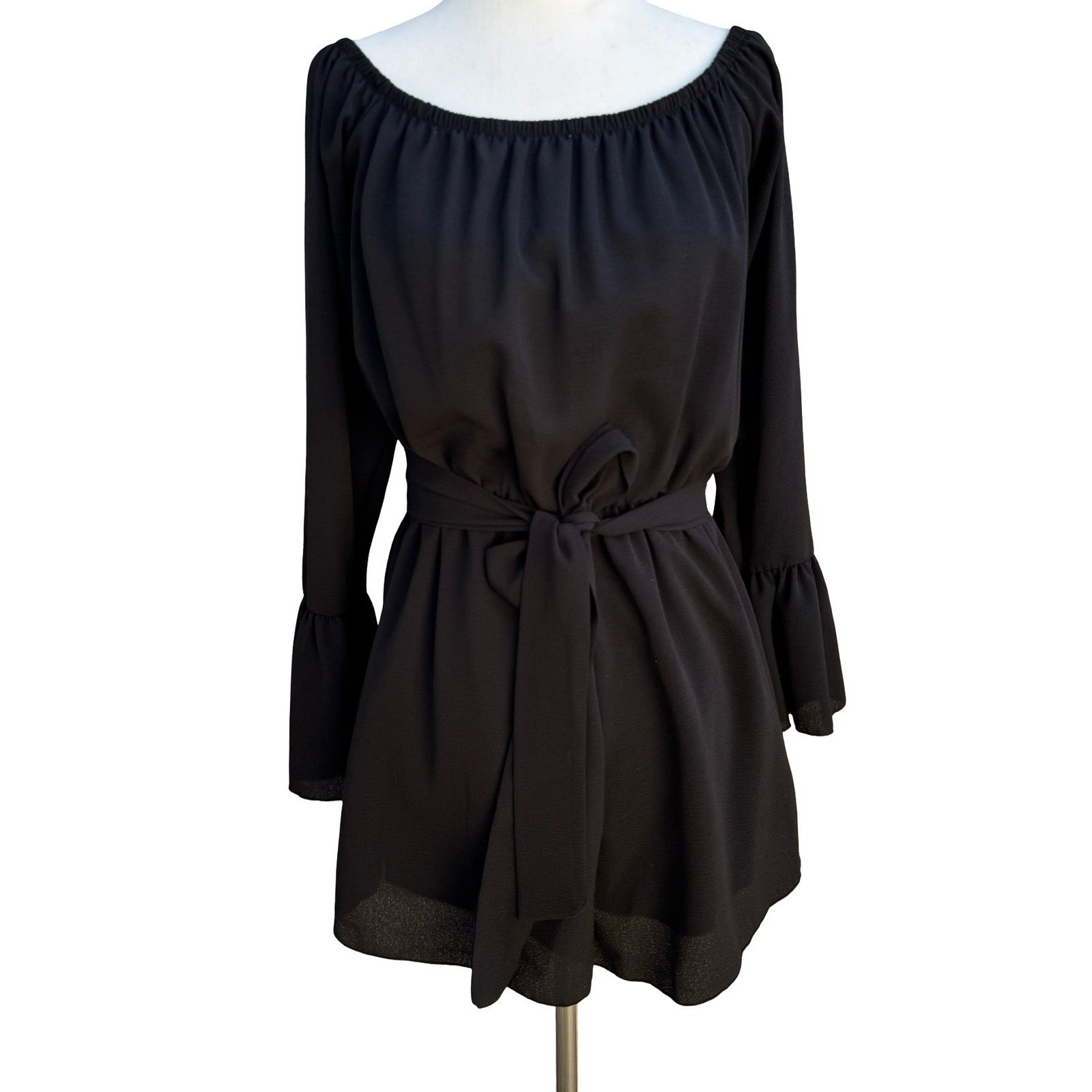 Fashion Nova Black Off Shoulder Bell Sleeve Belted Flowy Romper Boho Festival M