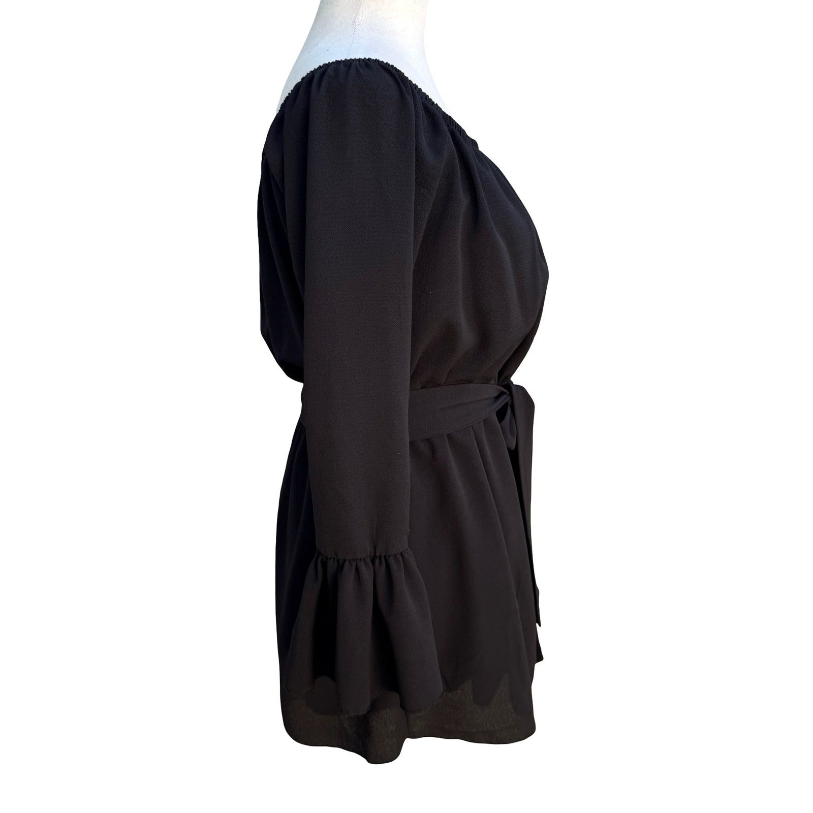 Fashion Nova Black Off Shoulder Bell Sleeve Belted Flowy Romper Boho Festival M