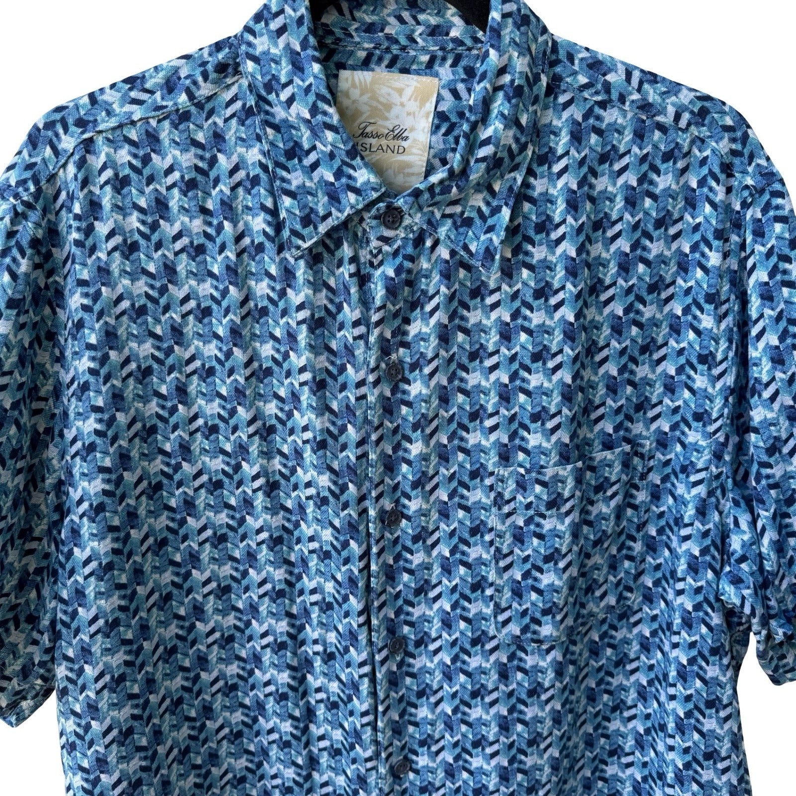 Tasso Elba Island Silk Linen Geometric Resortwear Coastal Beach Shirt Mens L