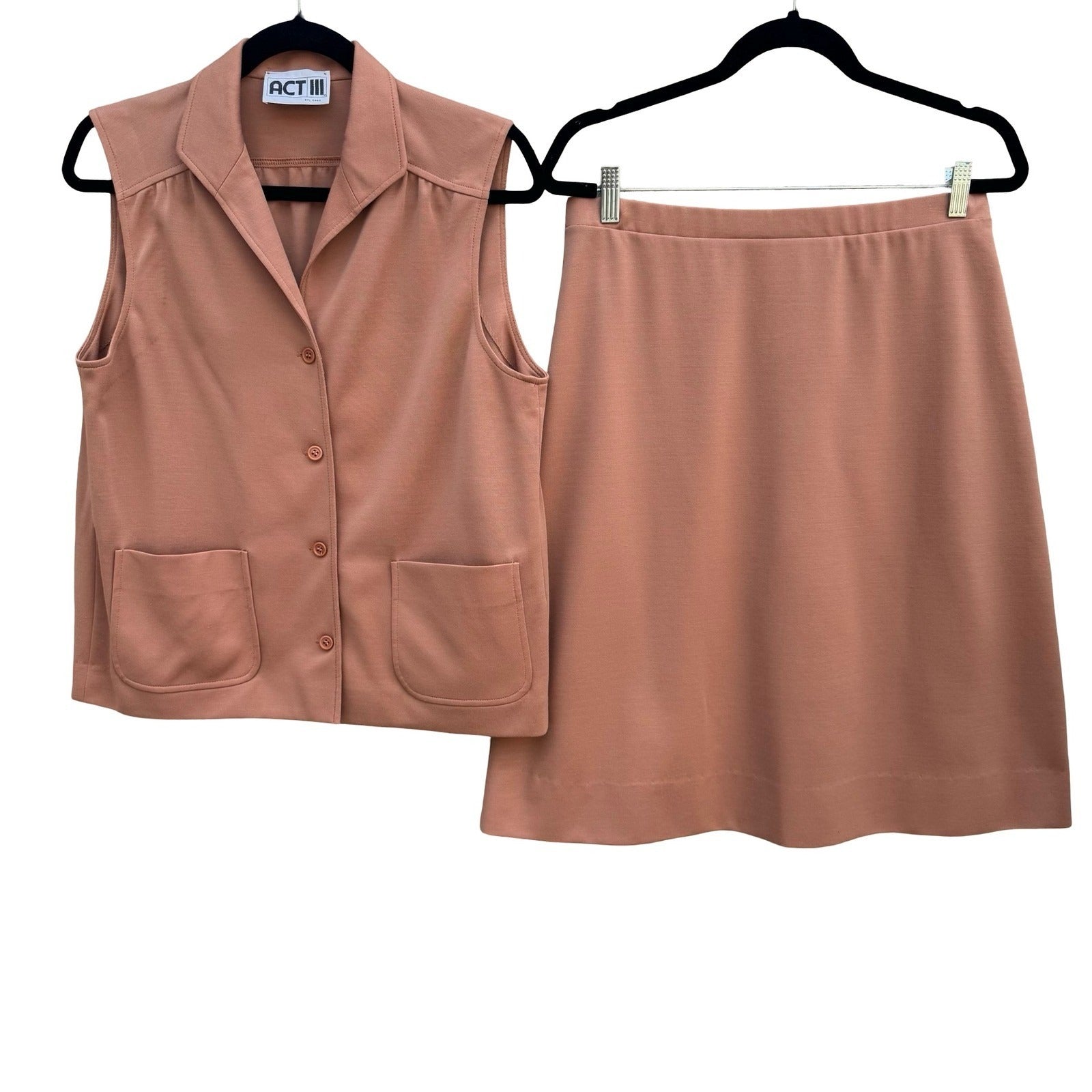 Act III Vintage Womens Terracotta Knit Vest Skirt 2 Piece Set ILGWU USA Made 70s