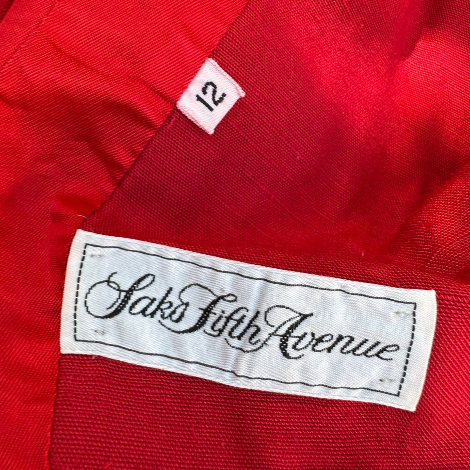 Saks Fifth Avenue Vintage 80s Womens Linen Look Red Pleat Shoulder Blazer Jacket 12