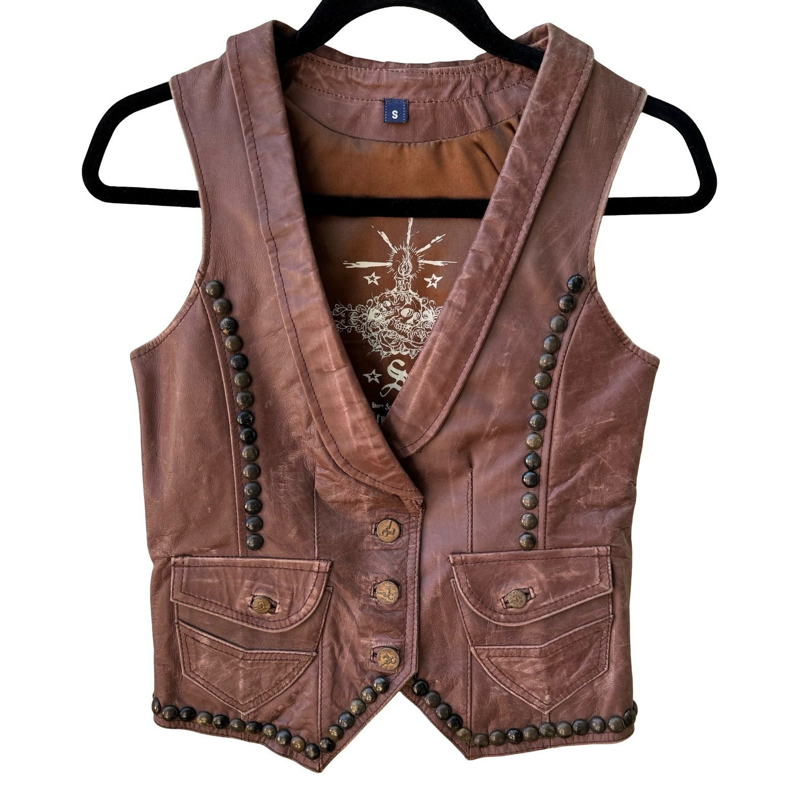 J & Company Vintage Y2K Rocker Biker Moto Western Brown Leather Studded Vest S