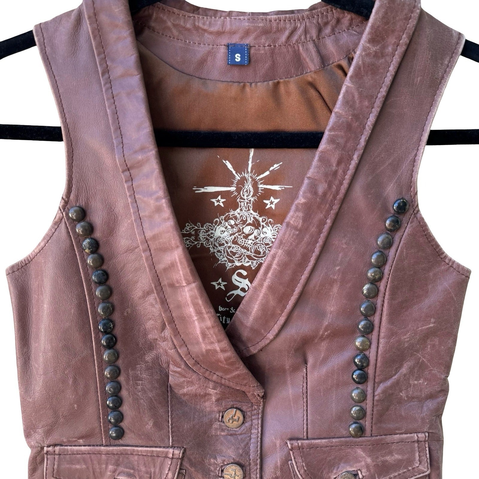 J & Company Vintage Y2K Rocker Biker Moto Western Brown Leather Studded Vest S