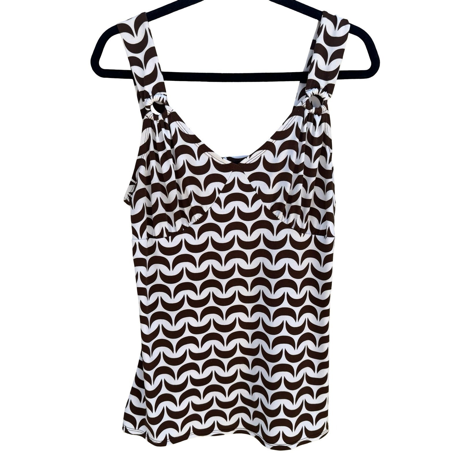Attention Mod Y2K Brown Geometric Crescent V-Neck Top O-Ring Minimalist Layering