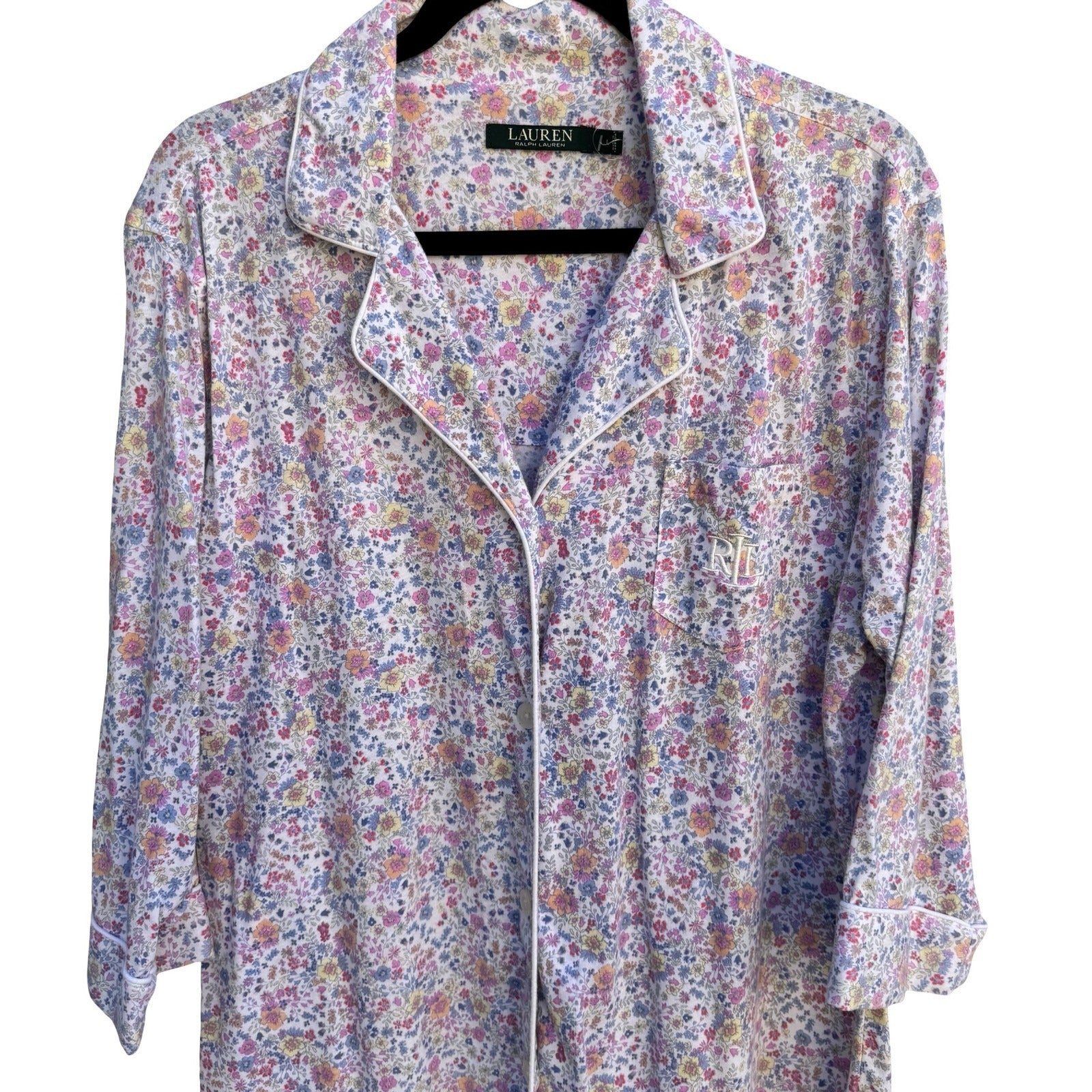 Lauren Ralph Lauren Floral Sleep Shirt Large Button Front Long Sleeve Monogram