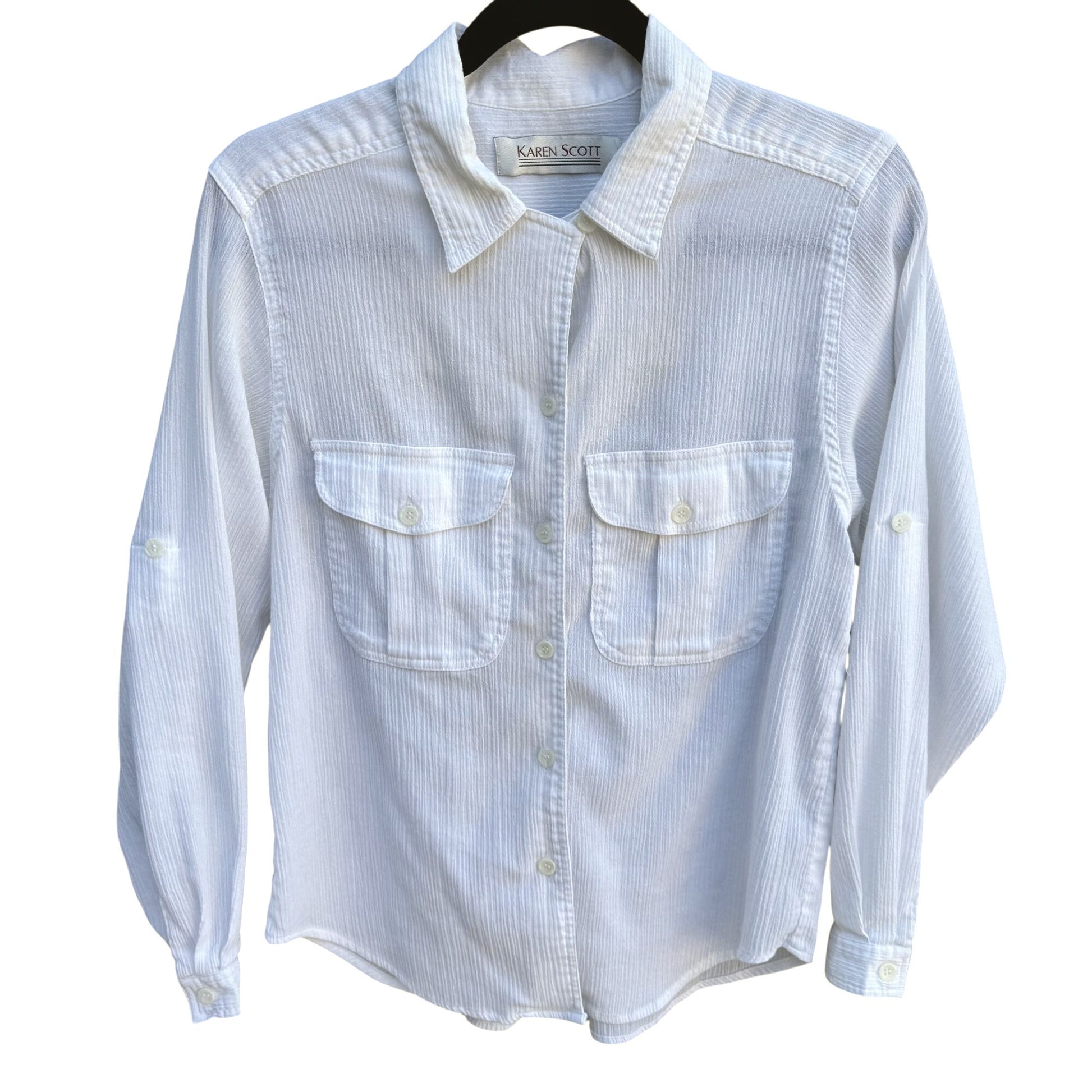 Karen Scott Vintage 80s Womens Button-Up White Woven Long Roll Tab Sleeve Top S