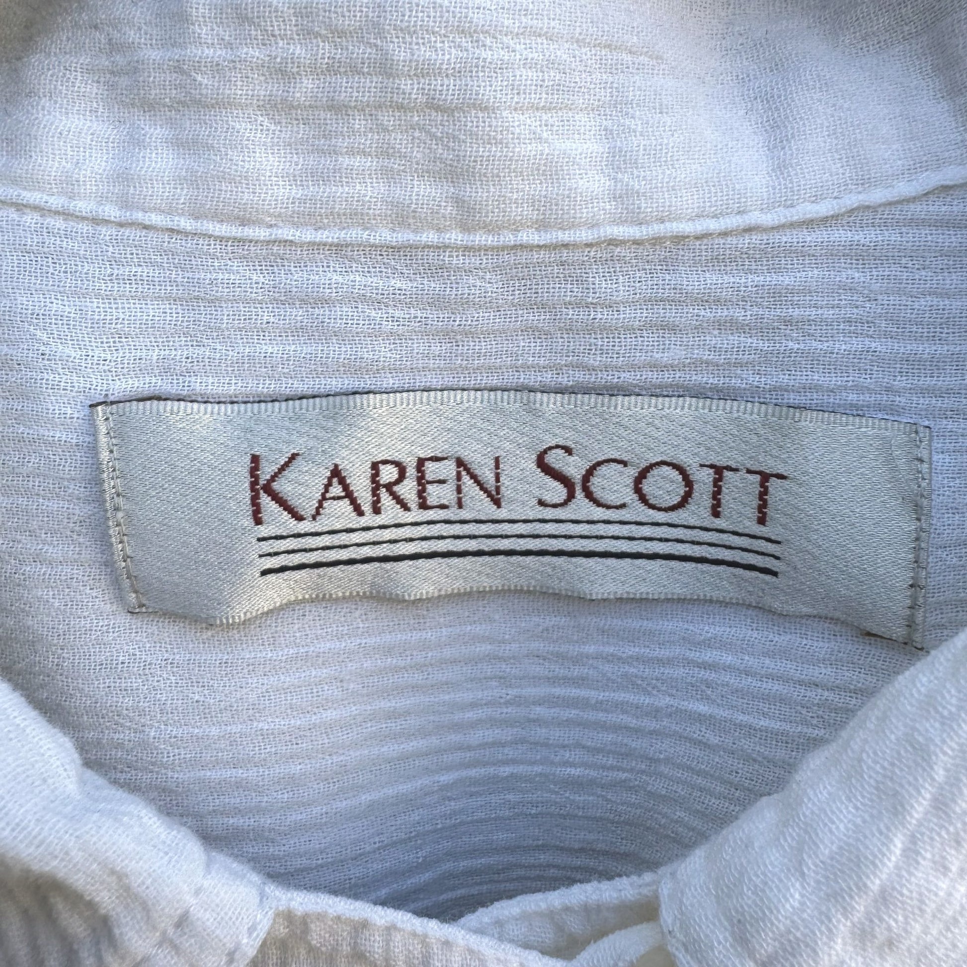 Karen Scott Vintage 80s Womens Button-Up White Woven Long Roll Tab Sleeve Top S